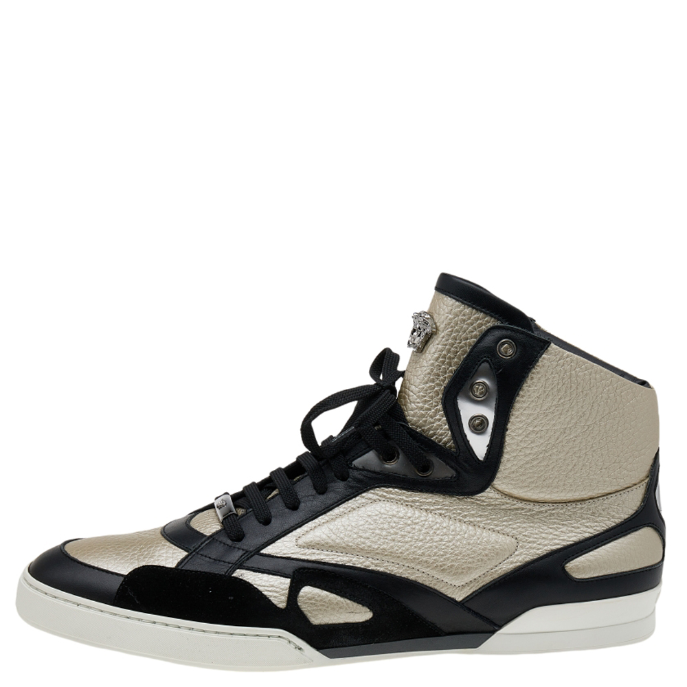

Versace Light Gold/Black Leather and Suede High Top Sneakers Size