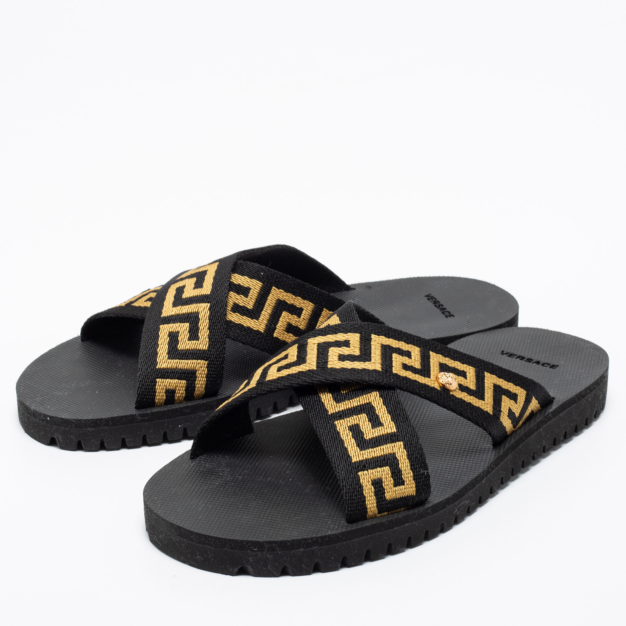 

Versace Black/Gold Canvas Nastro Greca Cross Strap Sandals Size