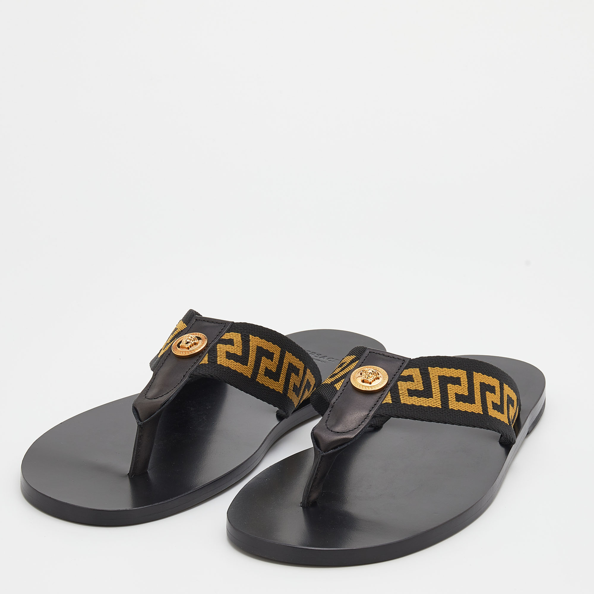 

Versace Black/Yellow Leather And Fabric Greca Flat Slide Sandals Size