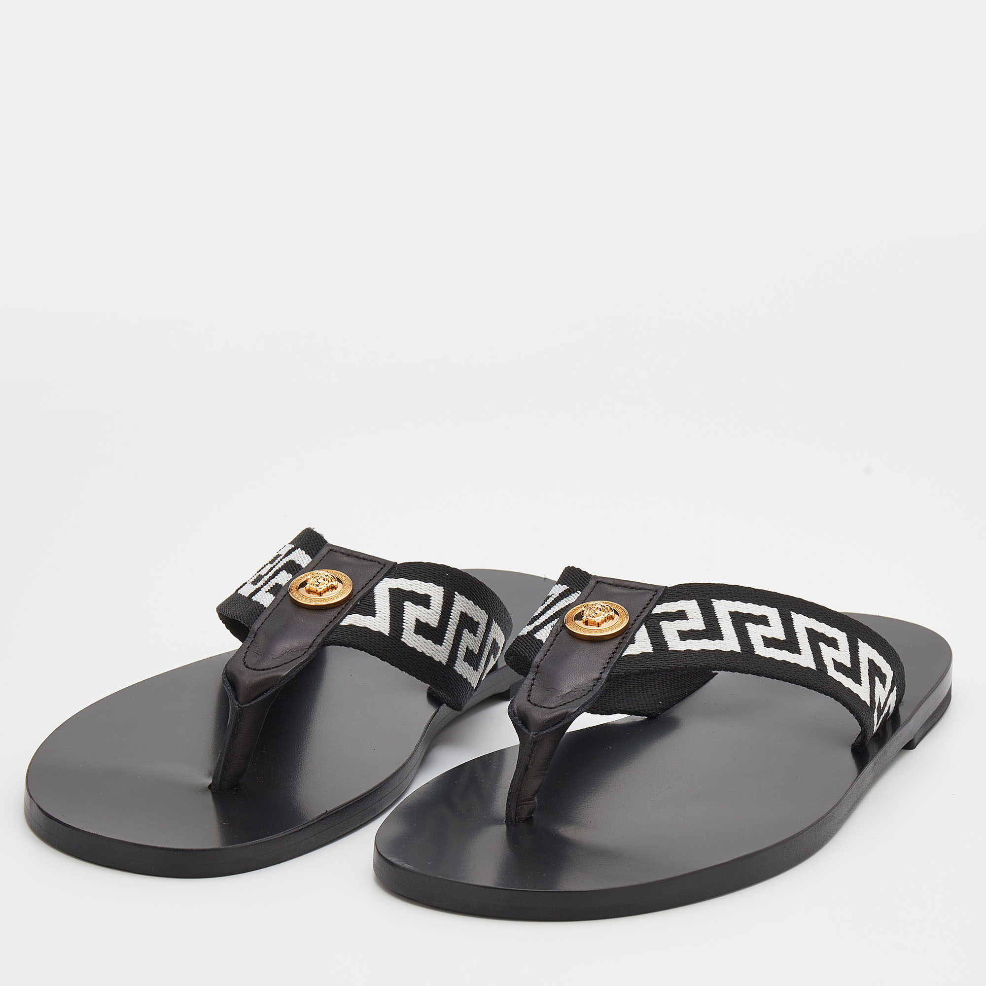 

Versace Black/White Leather And Fabric Flat Slide Greca Sandals Size