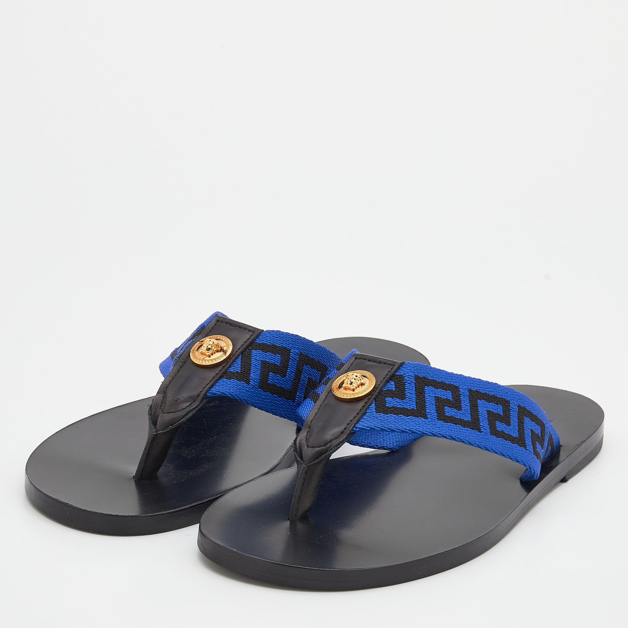 

Versace Black/Blue Leather And Fabric Greca Flat Slide Sandals Size