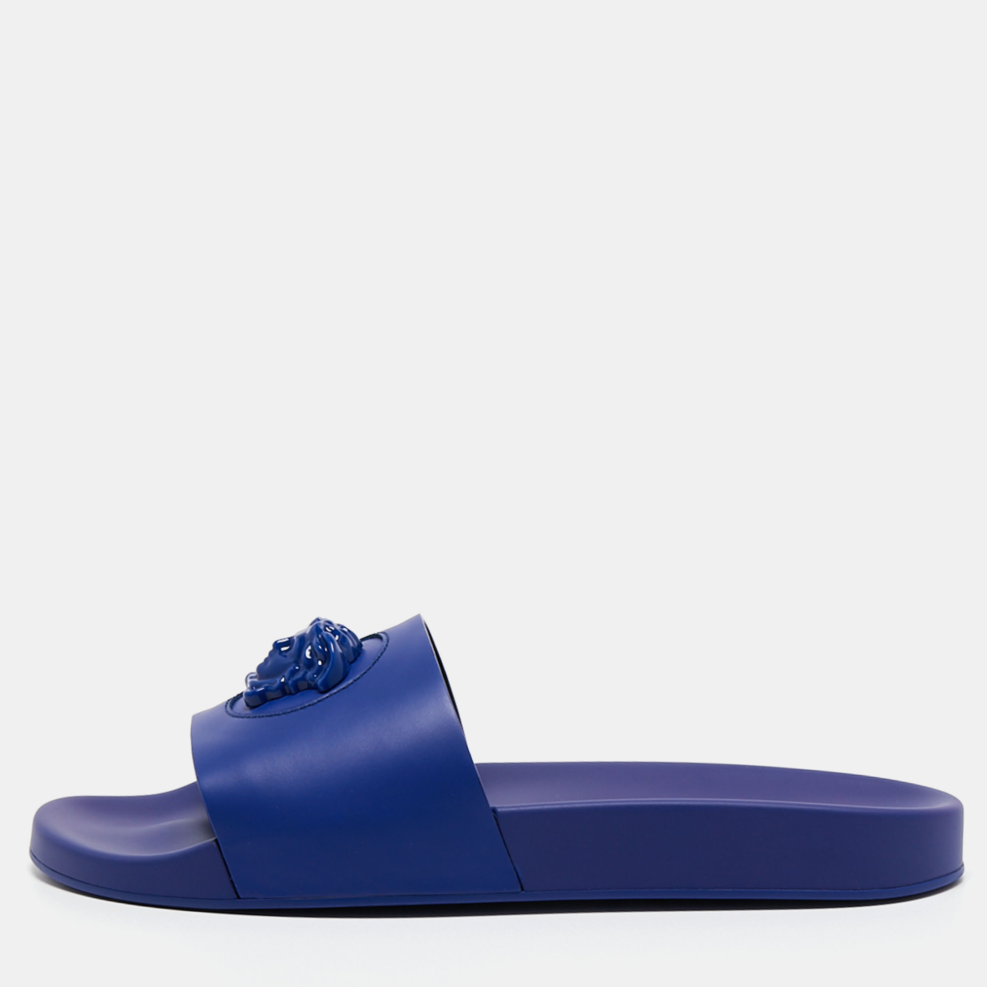 Pre-owned Versace Blue Rubber Medusa Head Flat Slides Size 46
