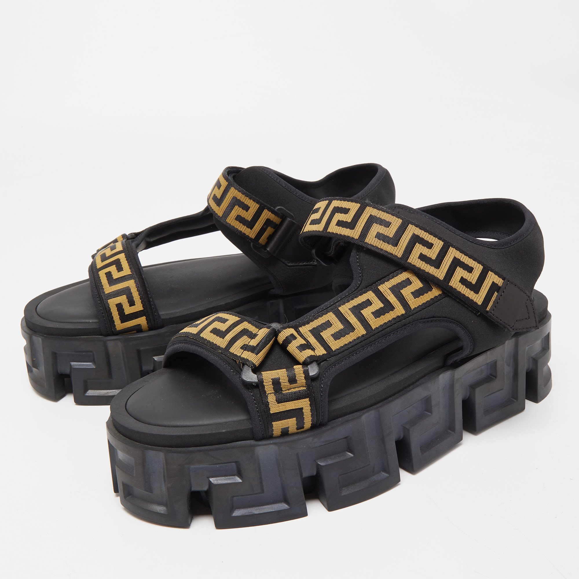 

Versace Black Canvas and Fabric La Greca Platform Sandals Size