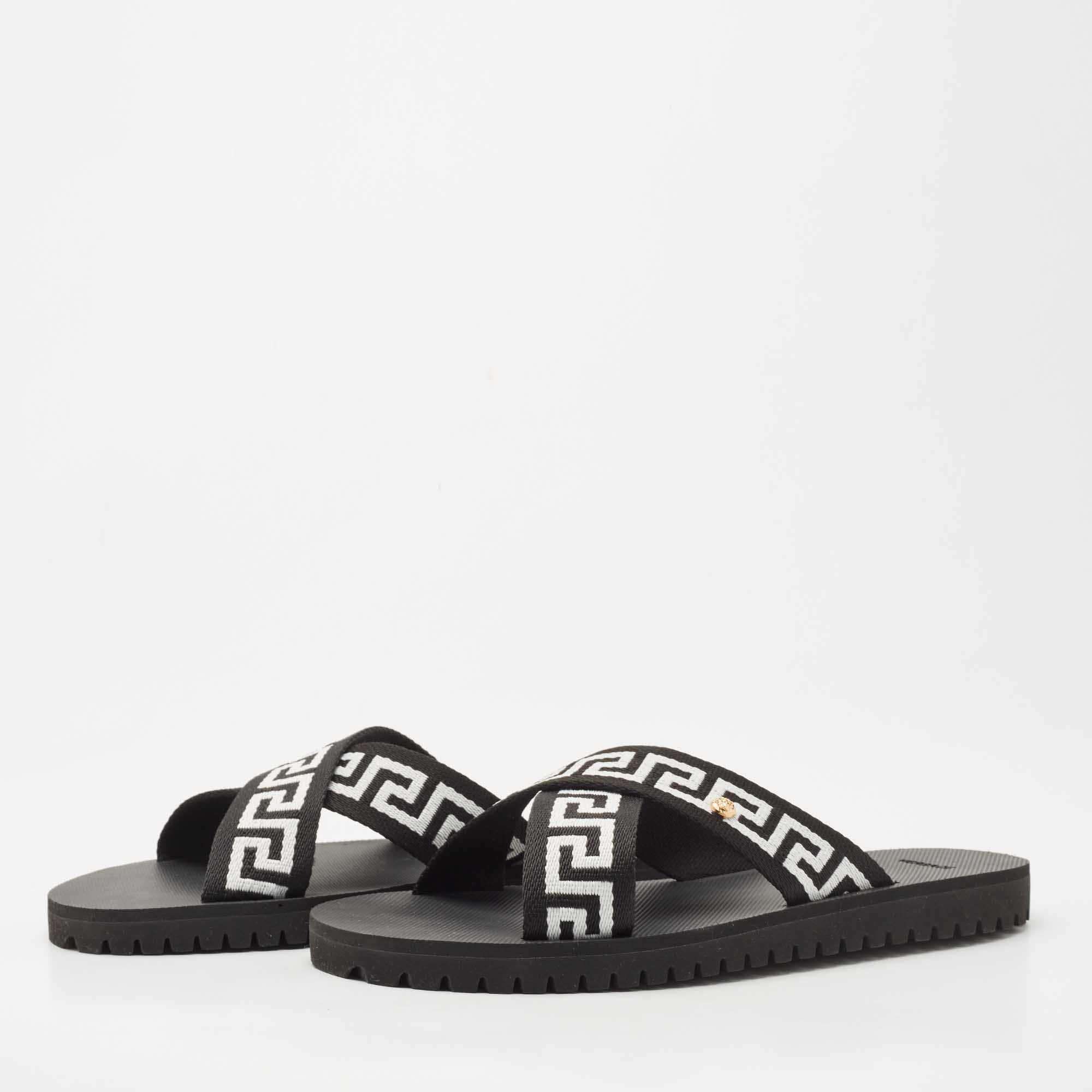 

Versace Black/ White Canvas Nastro Greca Cross Strap Sandals Size