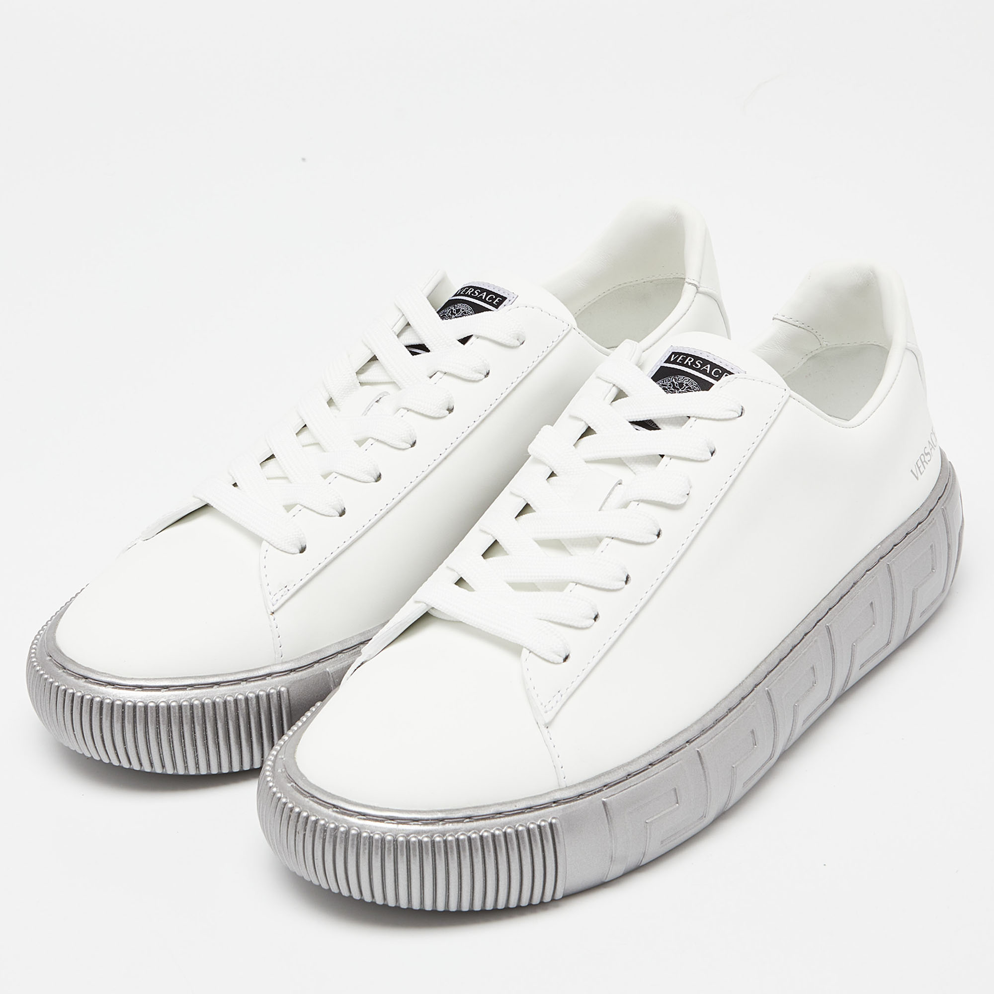

Versace White/Silver Leather Greca Sneakers Size