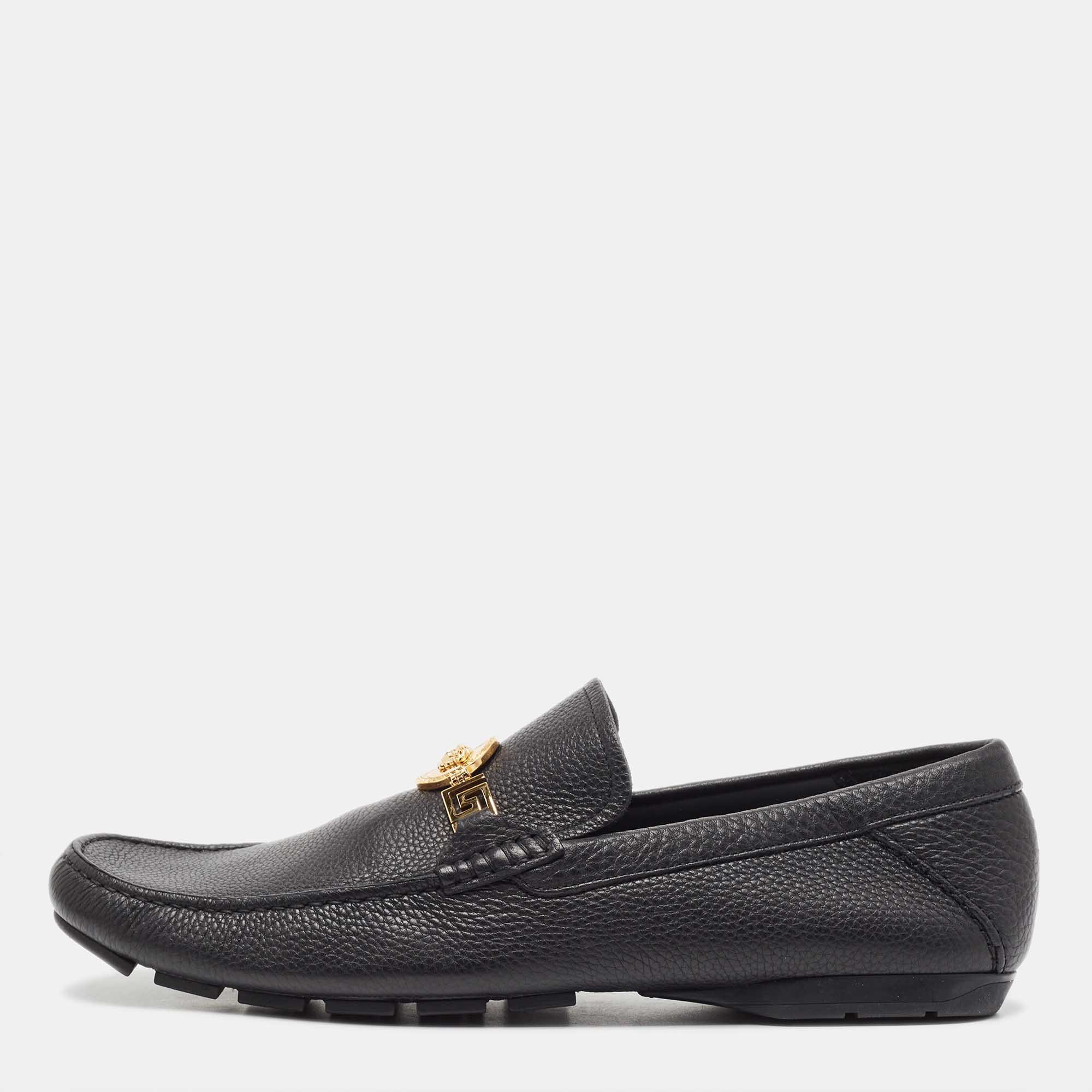 Pre Owned Versace Black Leather Medusa Detail Slip On Loafers Size 45