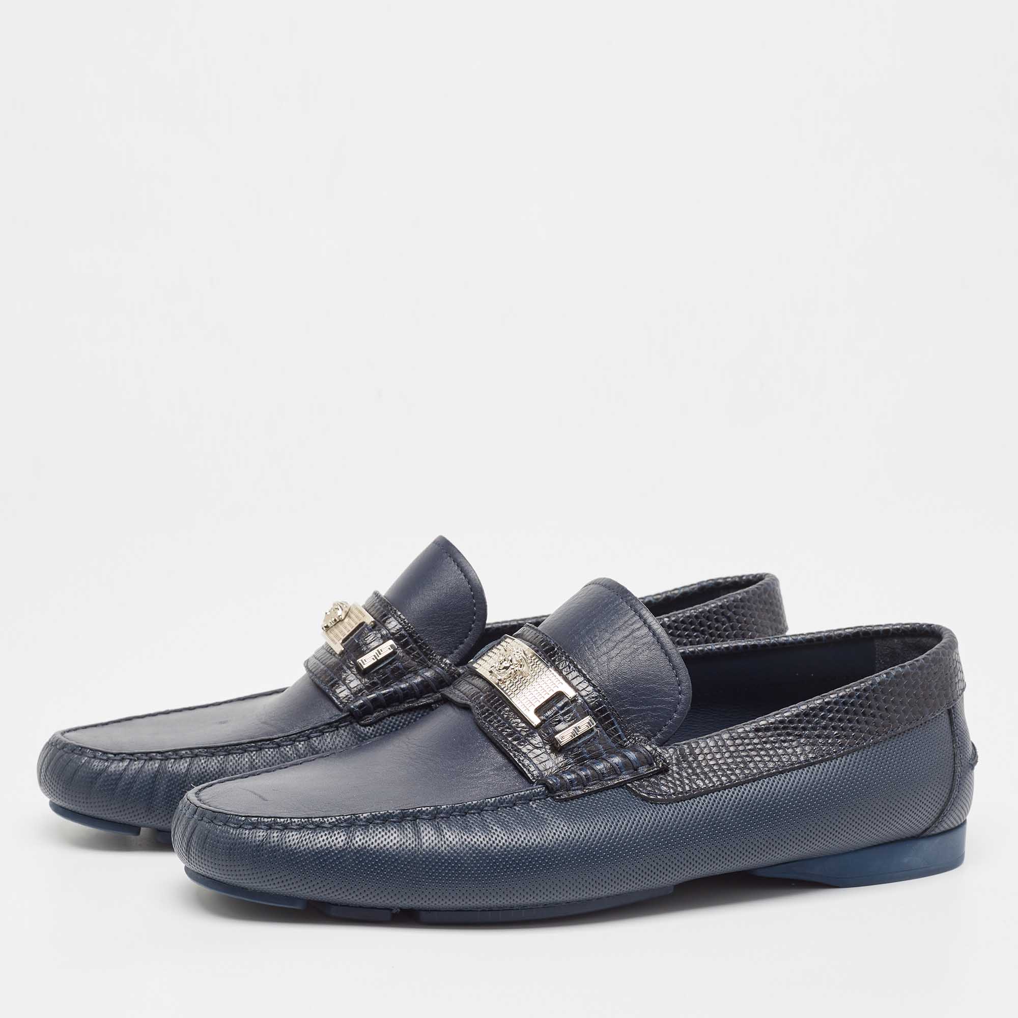 

Versace Navy Blue Lizard Embossed and Leather Medusa Logo Loafers Size