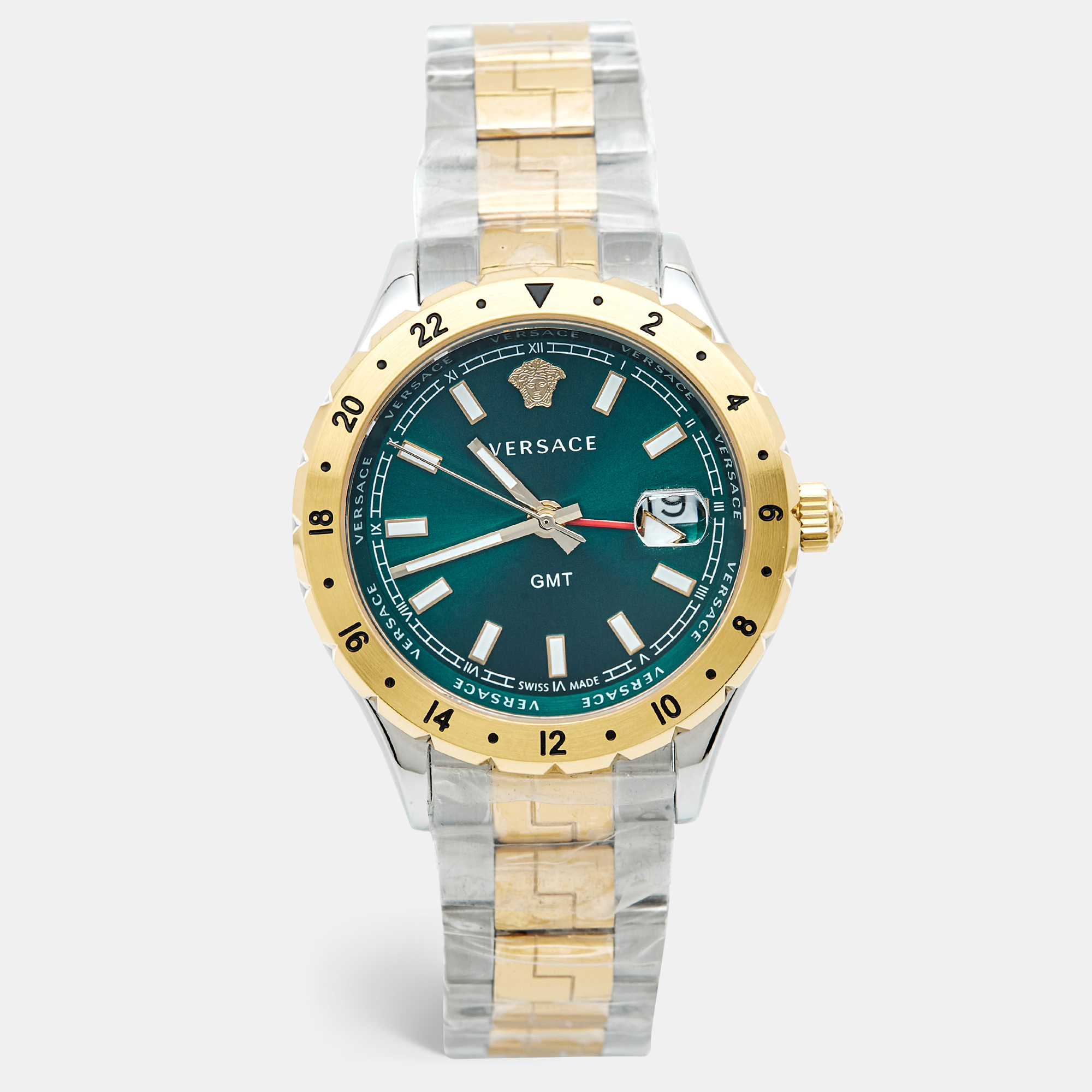 Pre-owned Versace Green Two-tone Stainless Steel Hellenyium Gmt V11050015 Unisex Wristwatch 42 Mm In Multi