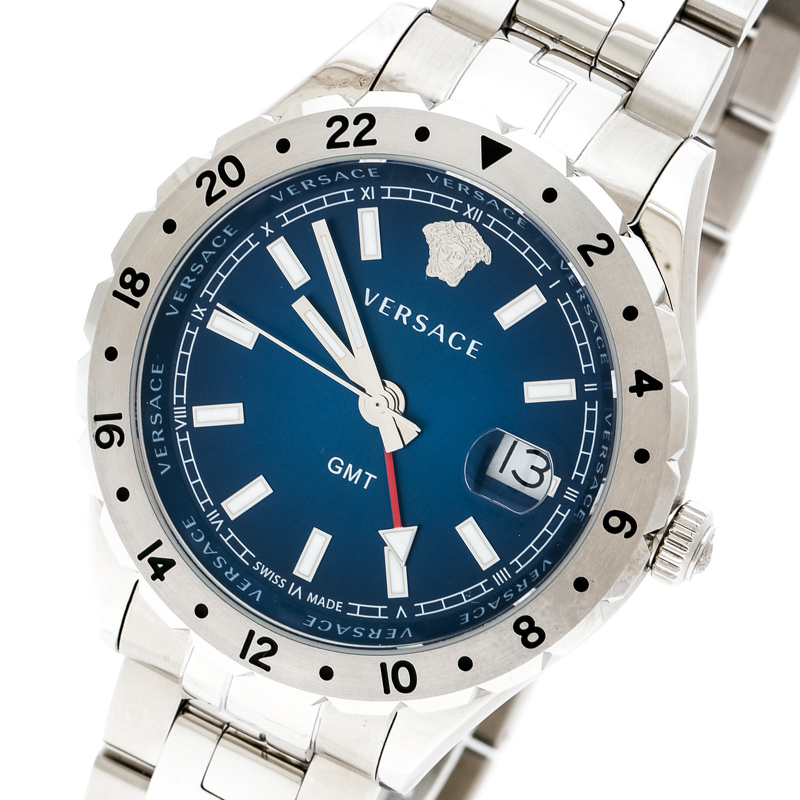 

Versace Blue Stainless Steel Hellenyium GMT V11 Men's Wristwatch, Silver