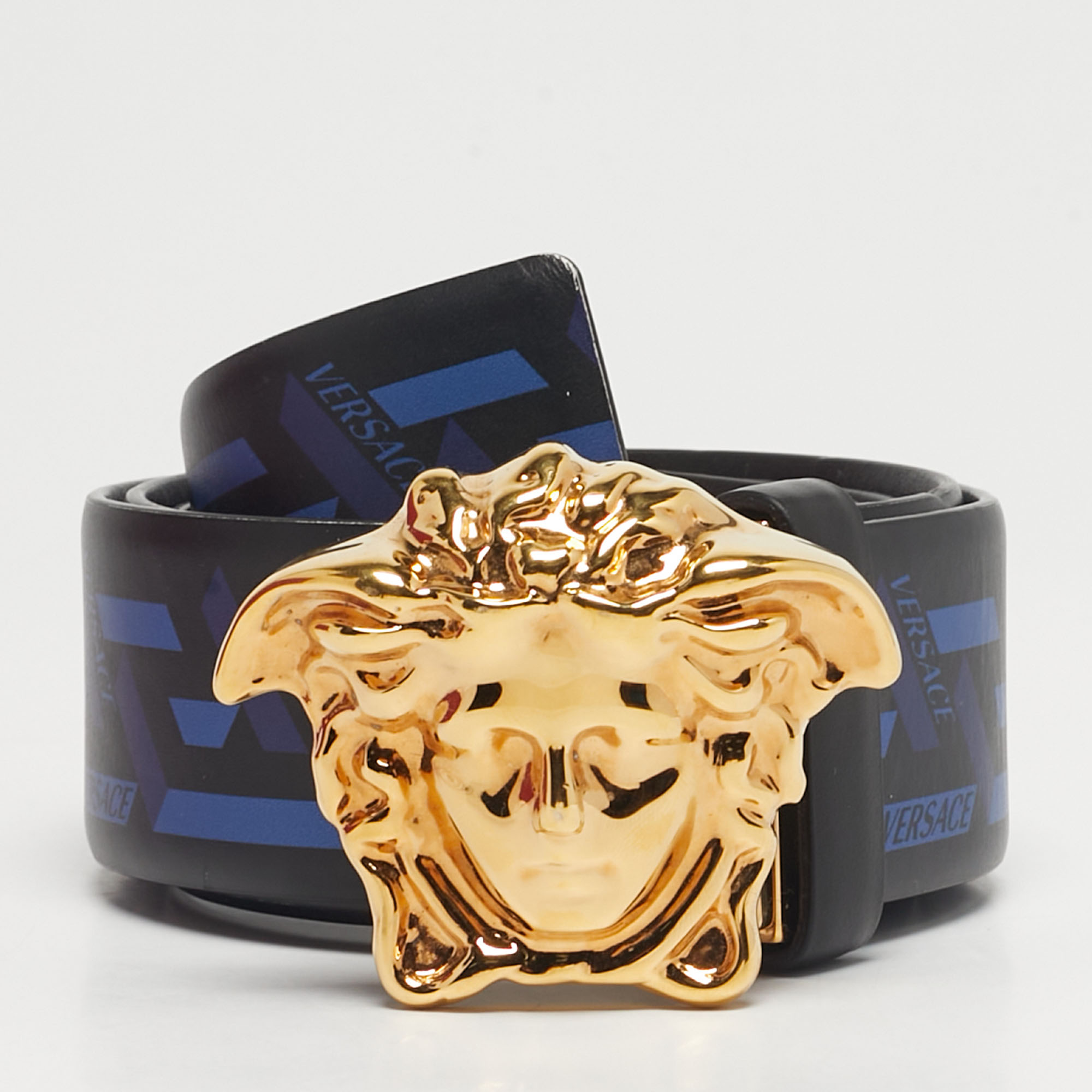 Pre-owned Versace Black/blue La Greca Print Leather Medusa Head Belt 95cm
