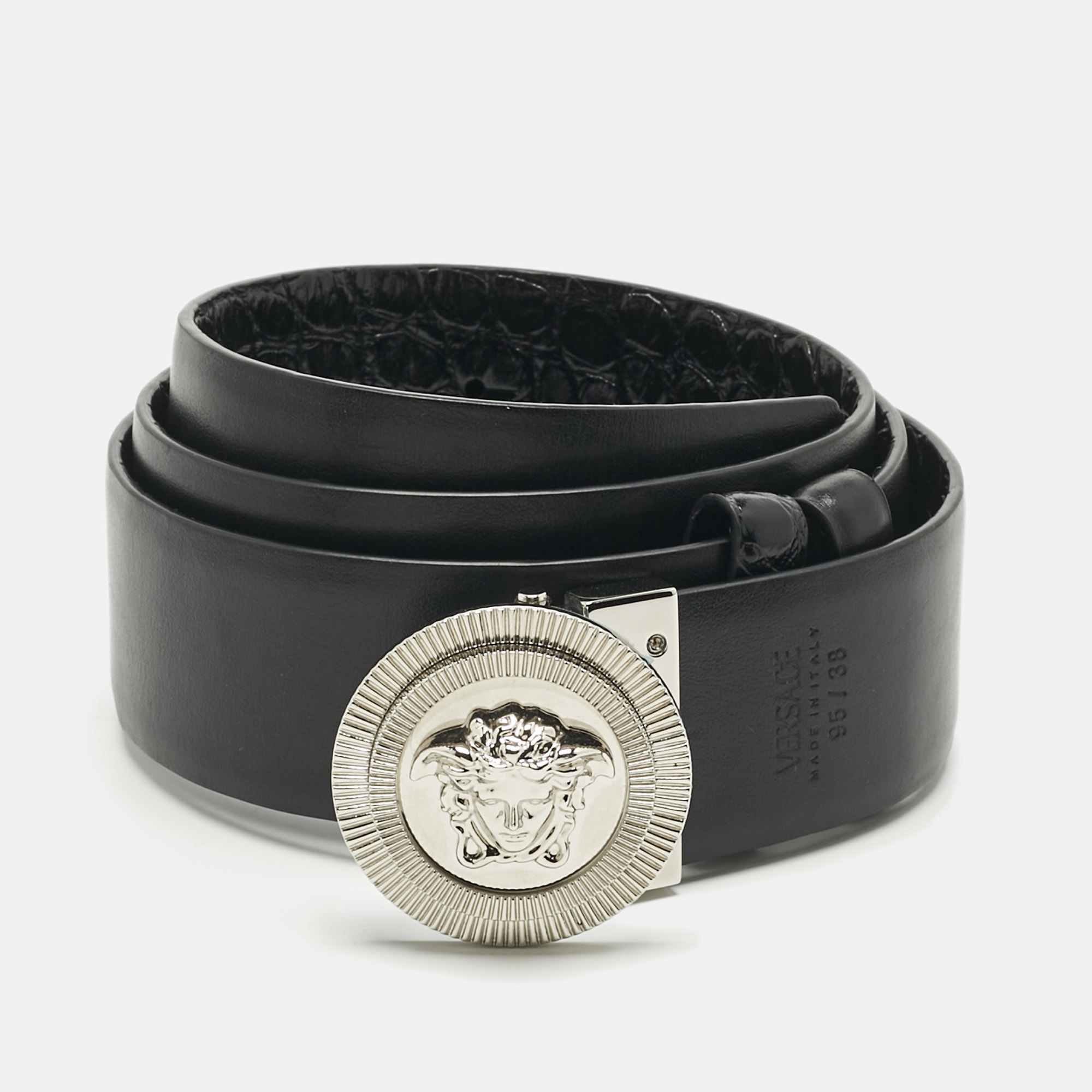 Pre-owned Versace Black Croc Embossed And Leather Medusa Biggie Reversible Belt 95cm