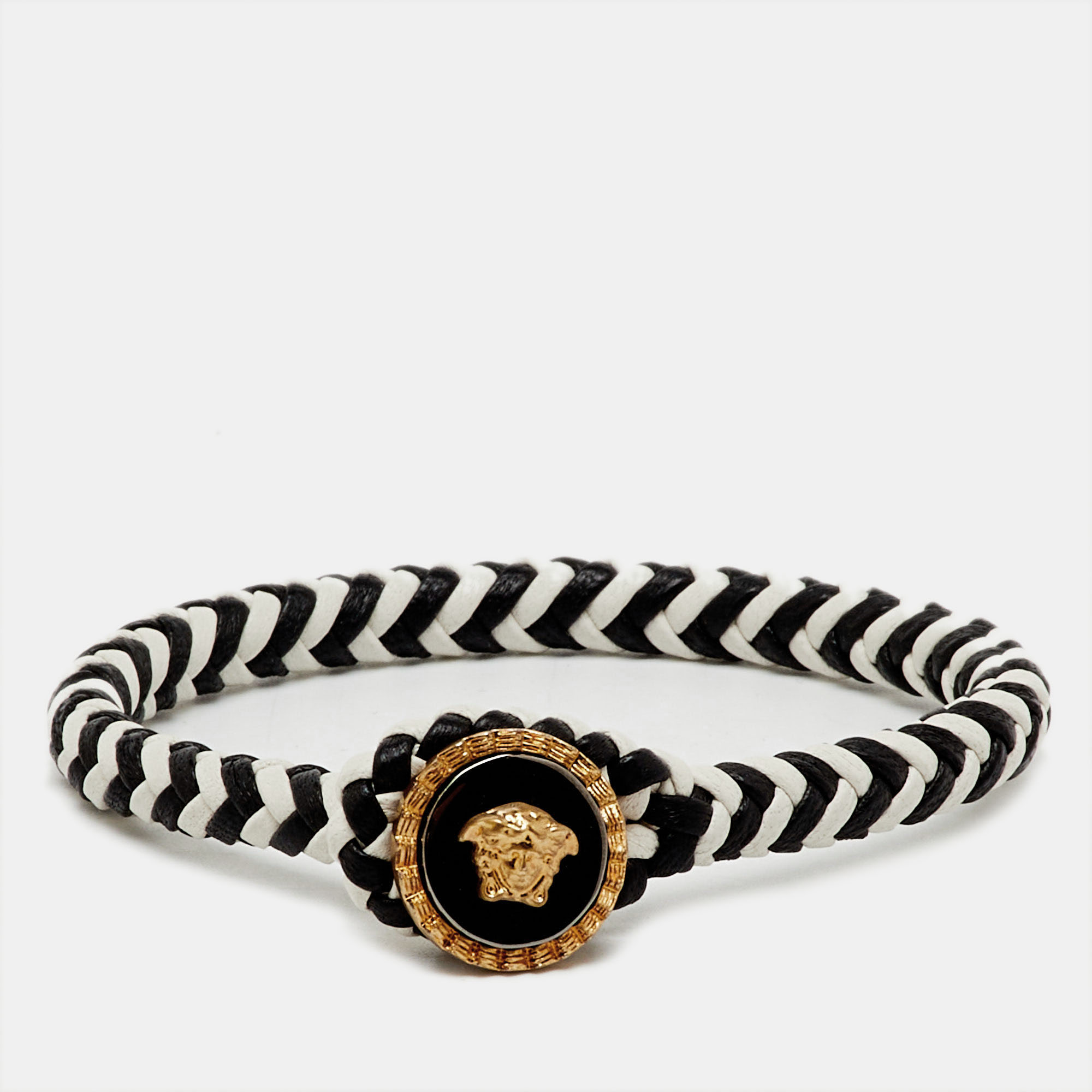 Pre-owned Versace Medusa Head Braided Bi-color Leather Toggle Bracelet In Multi