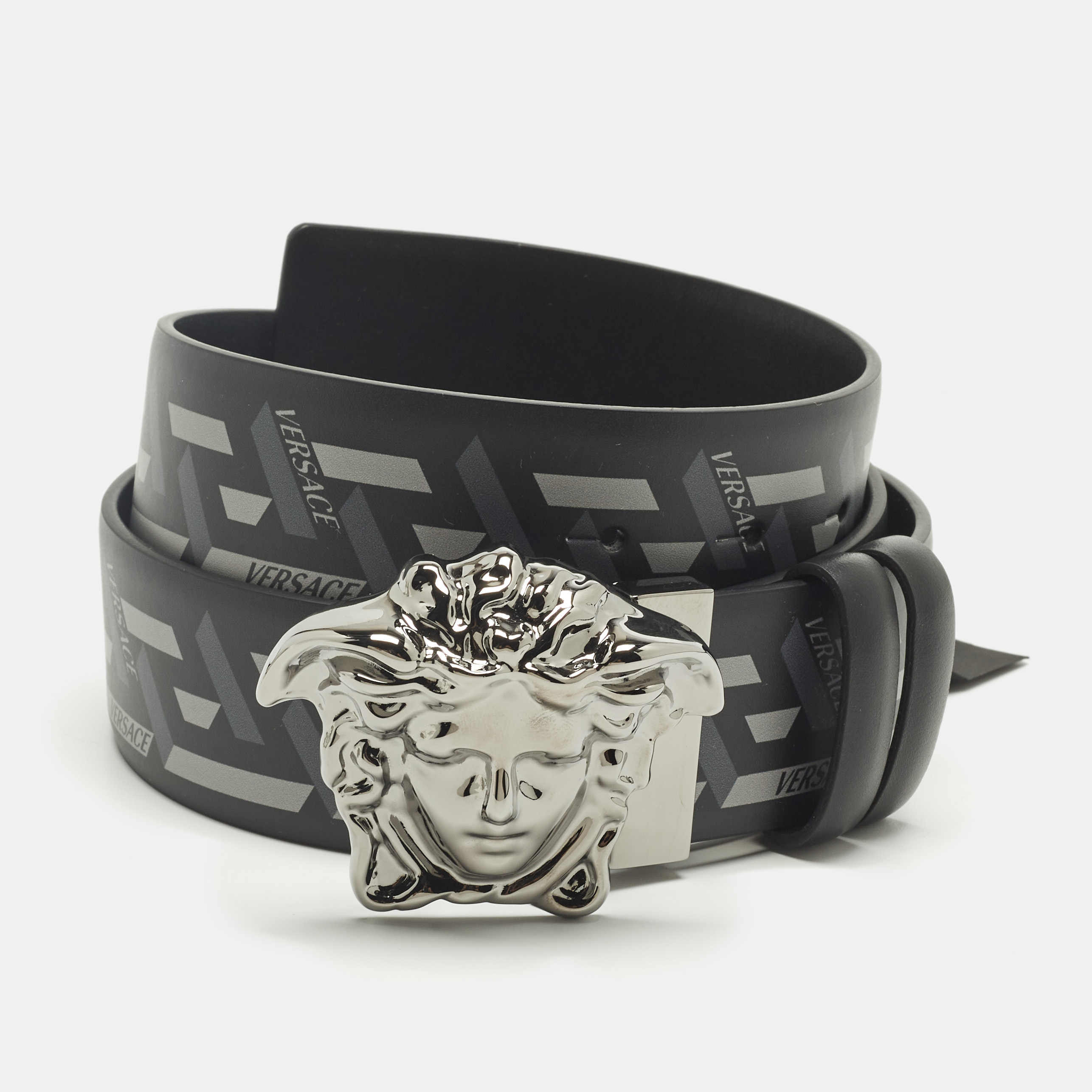 

Versace Medusa Head  Black/Grey La Greca Print Leather Belt