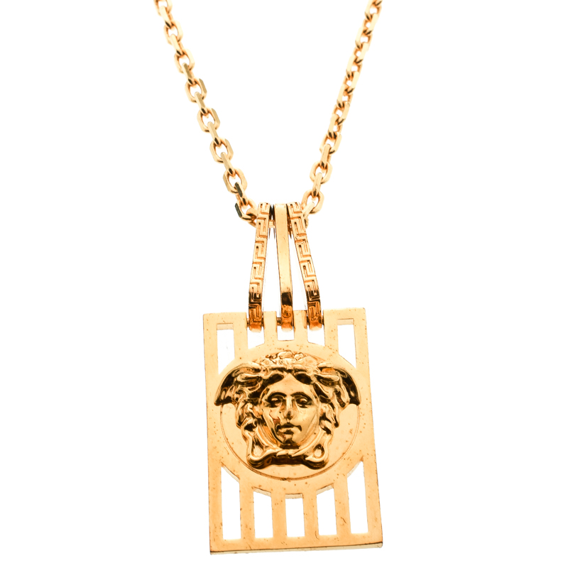 Versace Medusa Tag Gold Tone Pendant Necklace