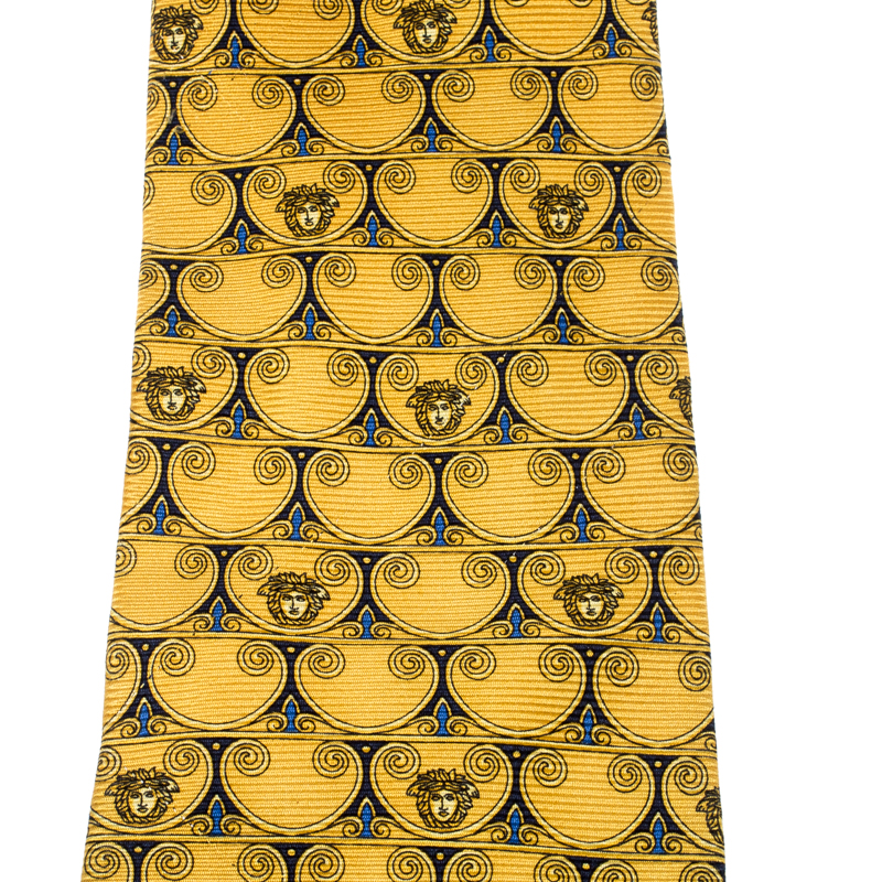 

Gianni Versace Vintage Yellow Logo and Floral Patterned Silk Jacquard Tie