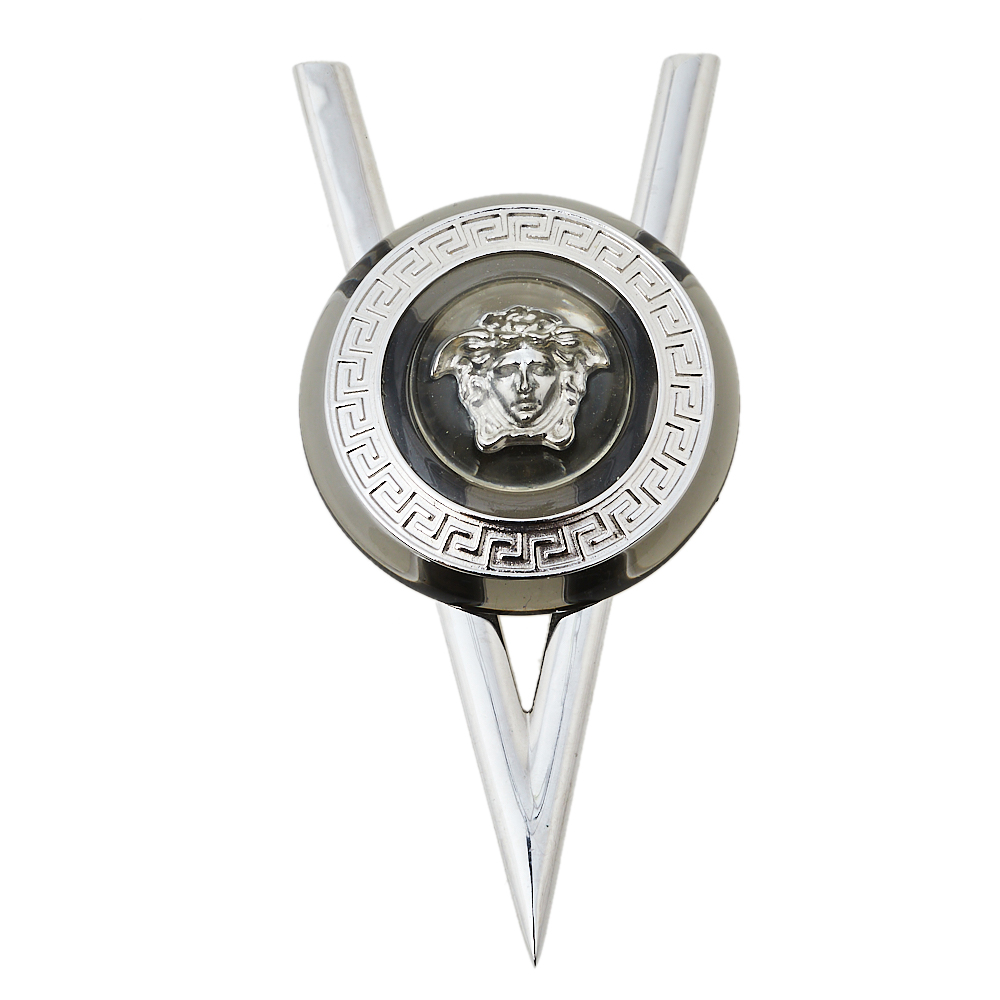 Pre-owned Versace Silver Tone V Resin Medusa Pin Brooch