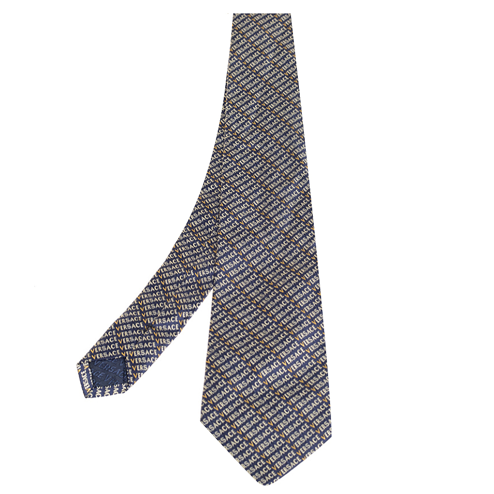 Pre-owned Versace Navy Blue Logo Pattern Jacquard Silk Tie