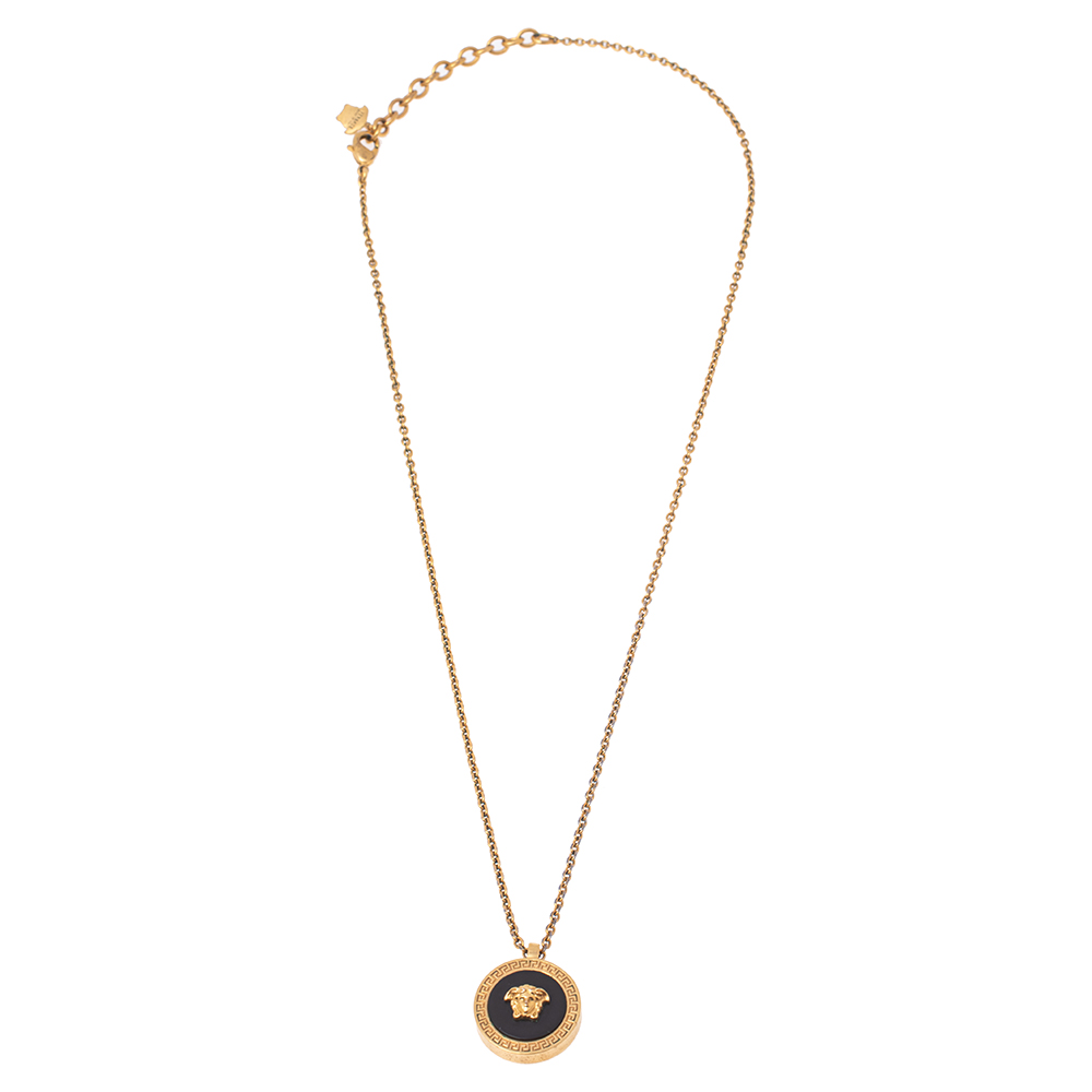 

Versace Gold Tone Black Resin Medusa Head Pendant Necklace