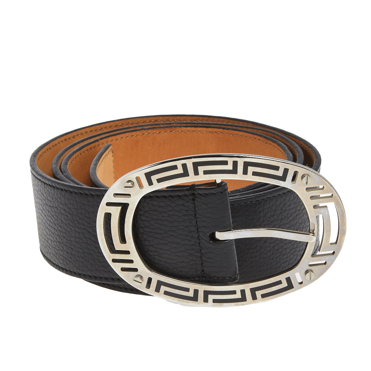 

Versace Black Leather Lasercut Buckle Belt