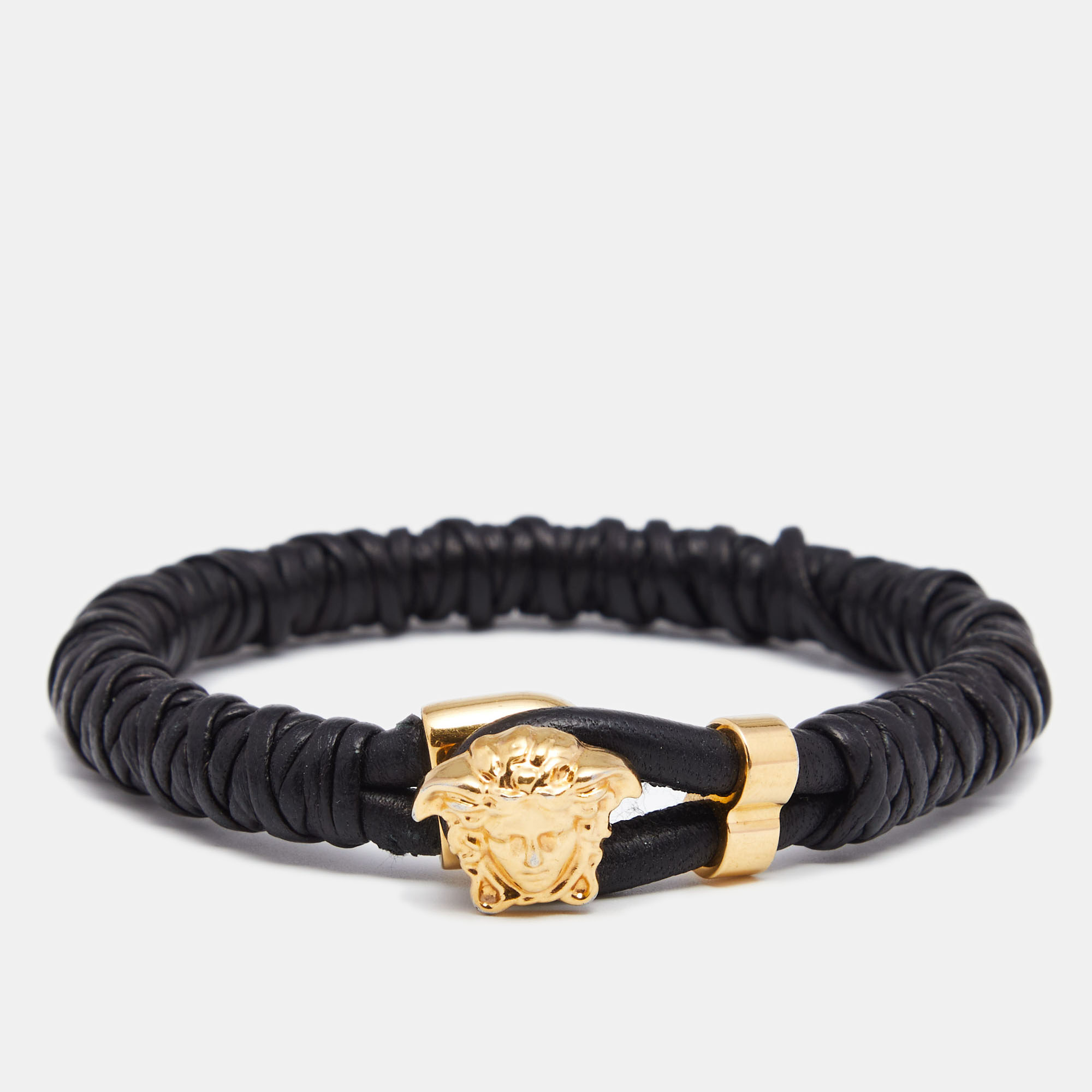 Pre-owned Versace Black Braided Leather Medusa Gold Tone Bracelet