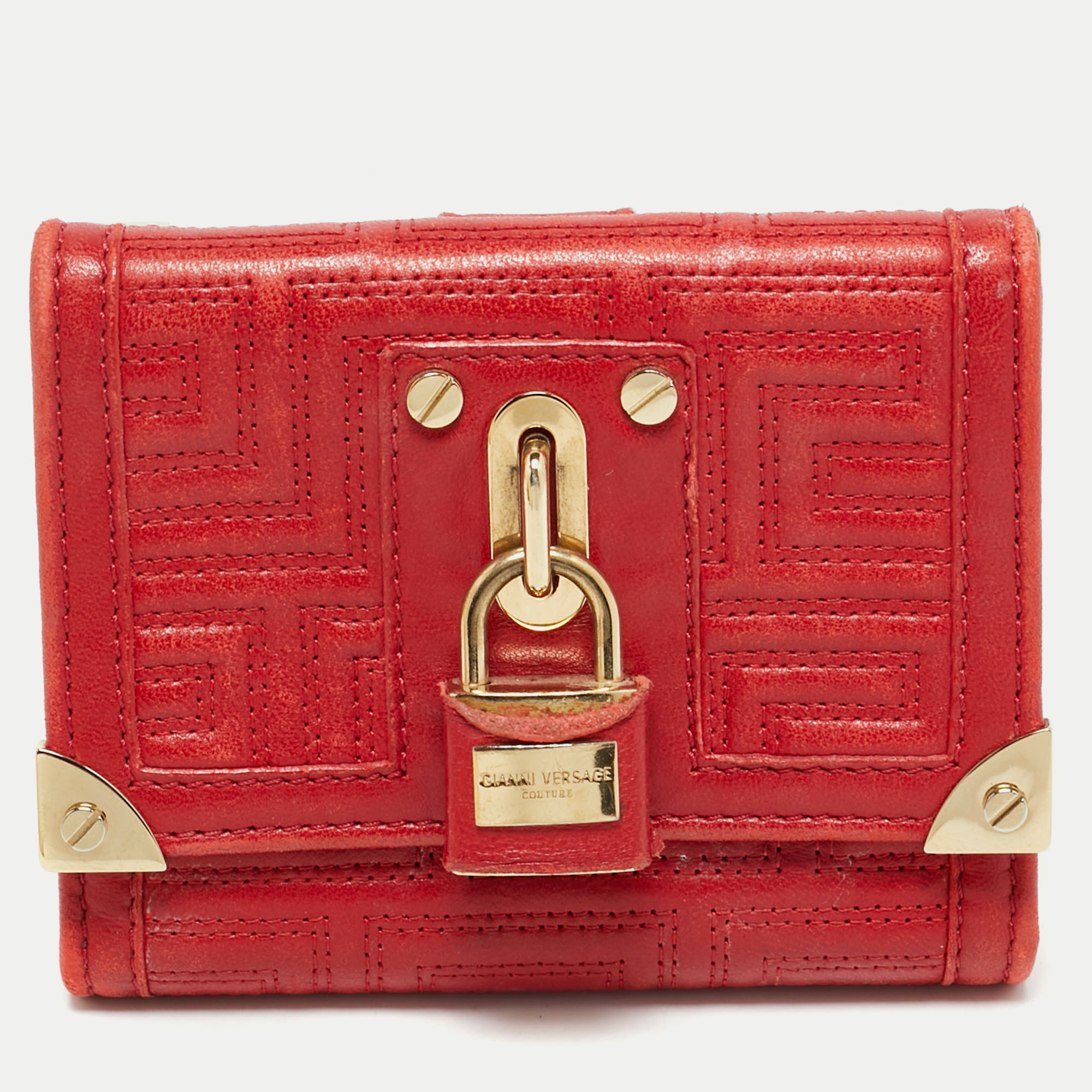 

Versace Red Quilted Leather Lock Trifold Wallet