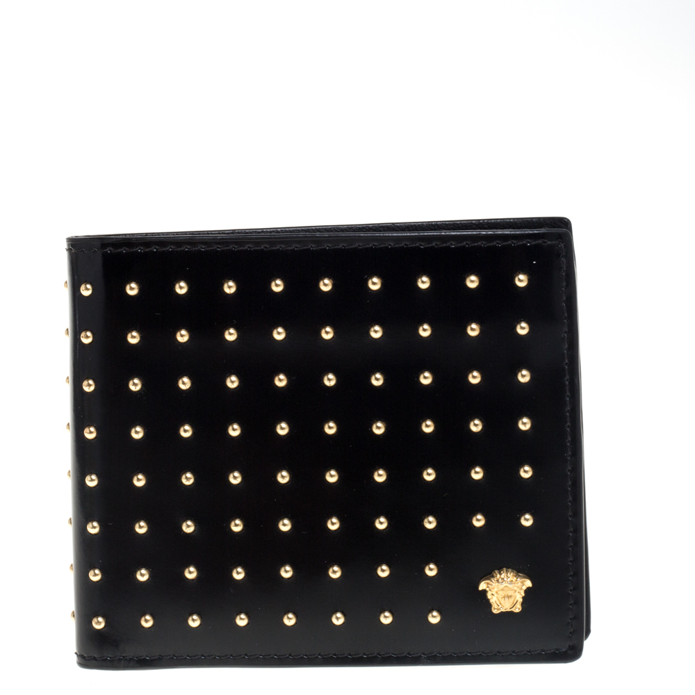 Pre-owned Versace Black Studded Patent Leather Medusa Bifold Wallet