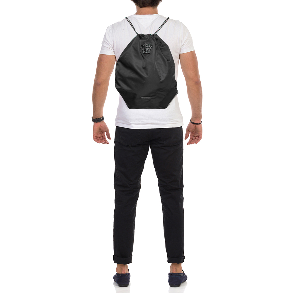 

Versace Black Nylon and Leather La Medusa Drawstring Backpack