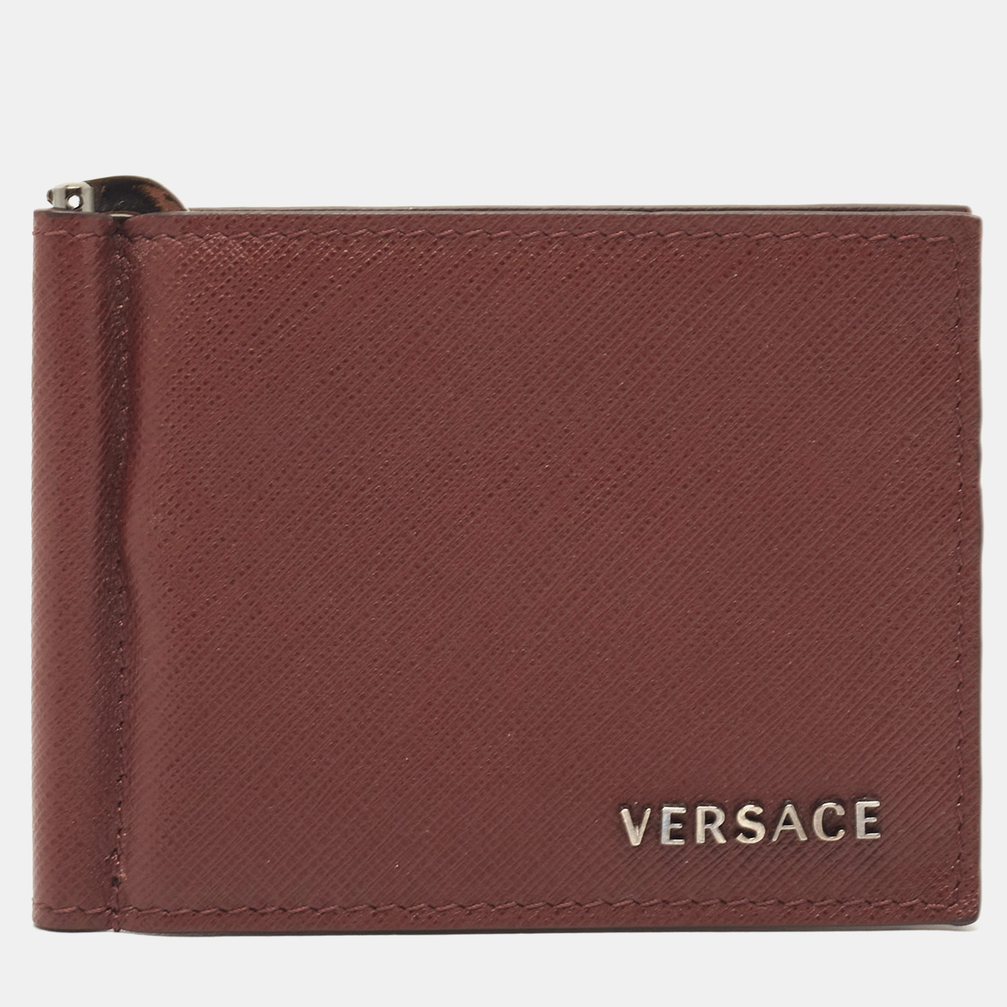 Pre-owned Versace Burgundy Leather Logo Monet Clip Wallet