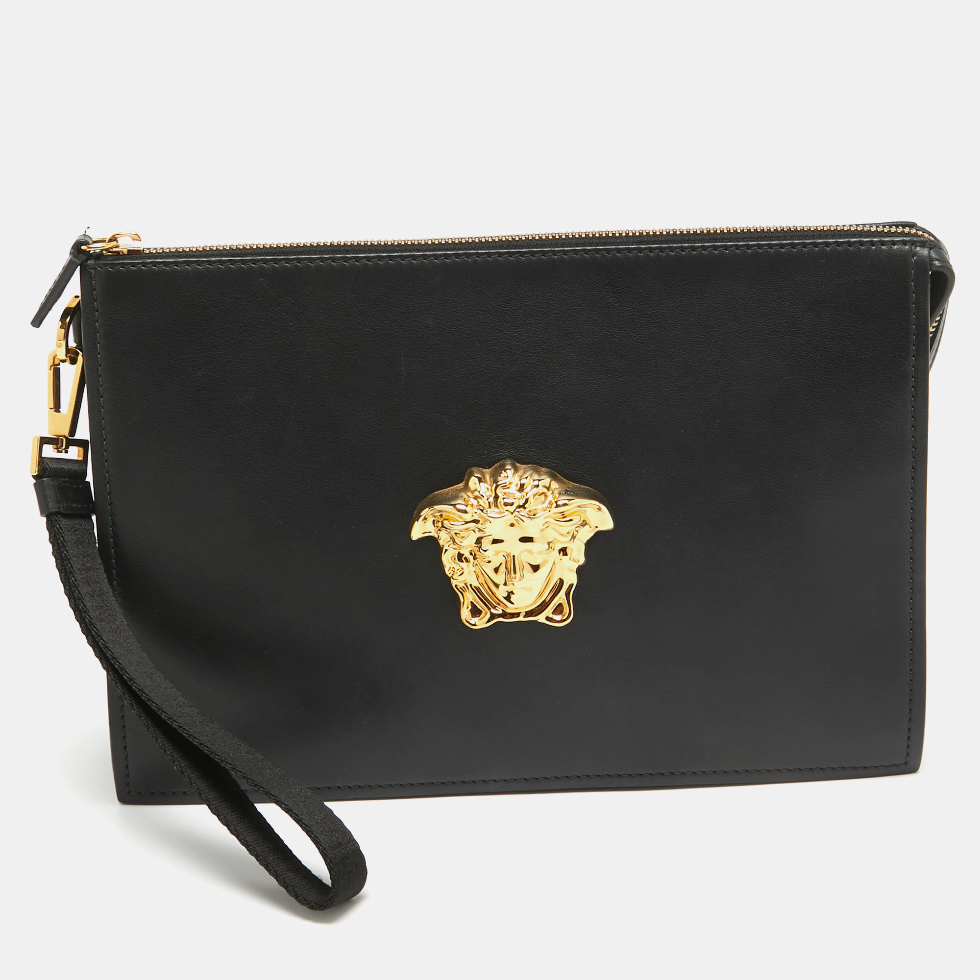 Versace Black Leather Medusa Head Wristlet Clutch
