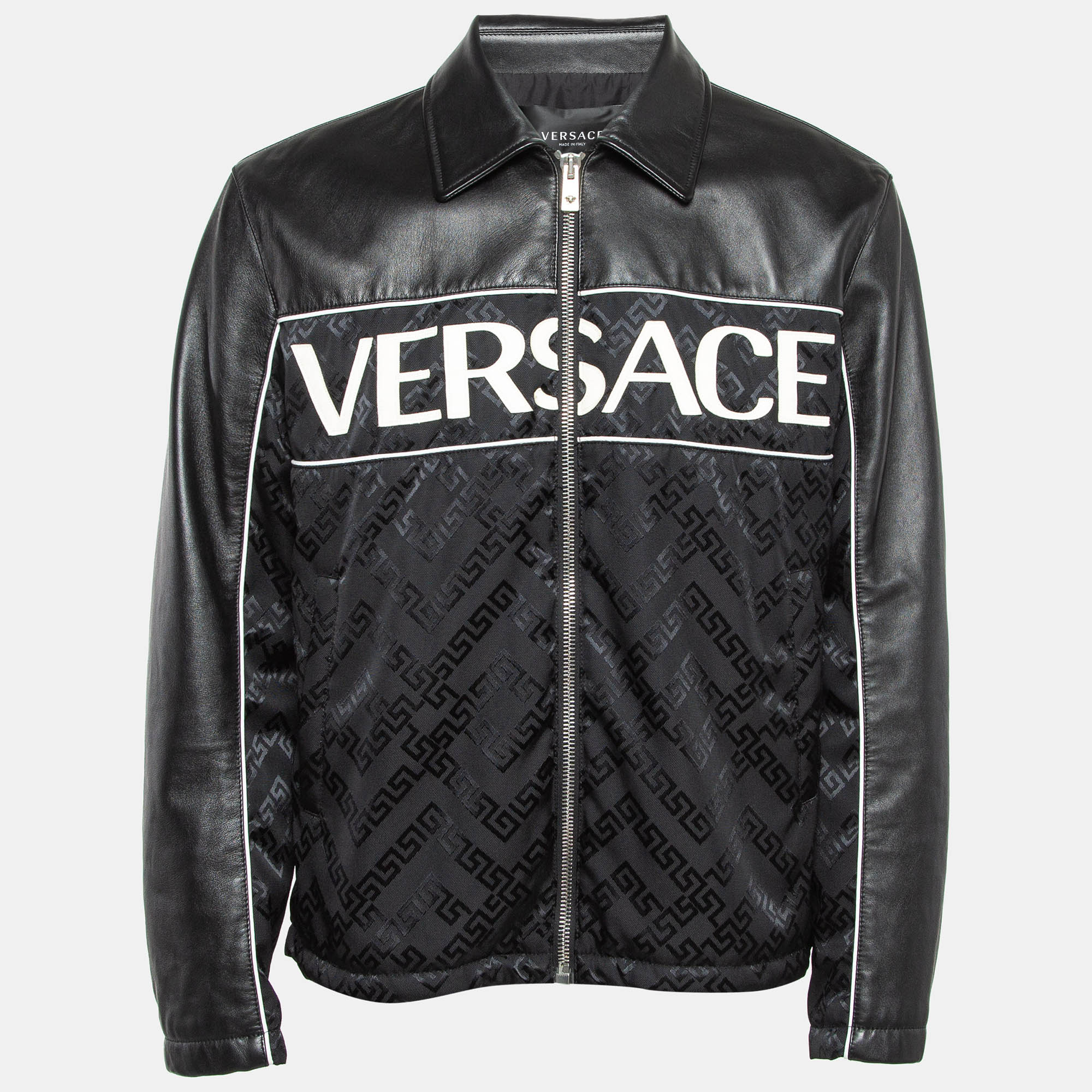 

Versace Black Logo Applique Leather and Nylon Blouson Jacket L