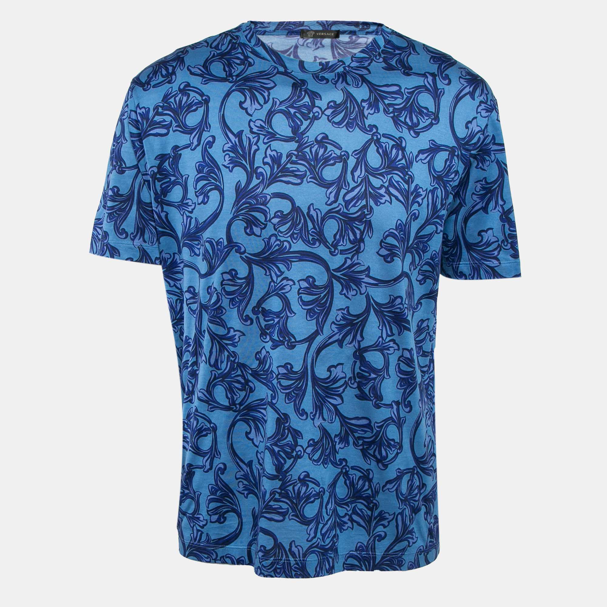 Pre-owned Versace Blue Baroque Print Cotton Jersey Crew Neck T-shirt Xxl