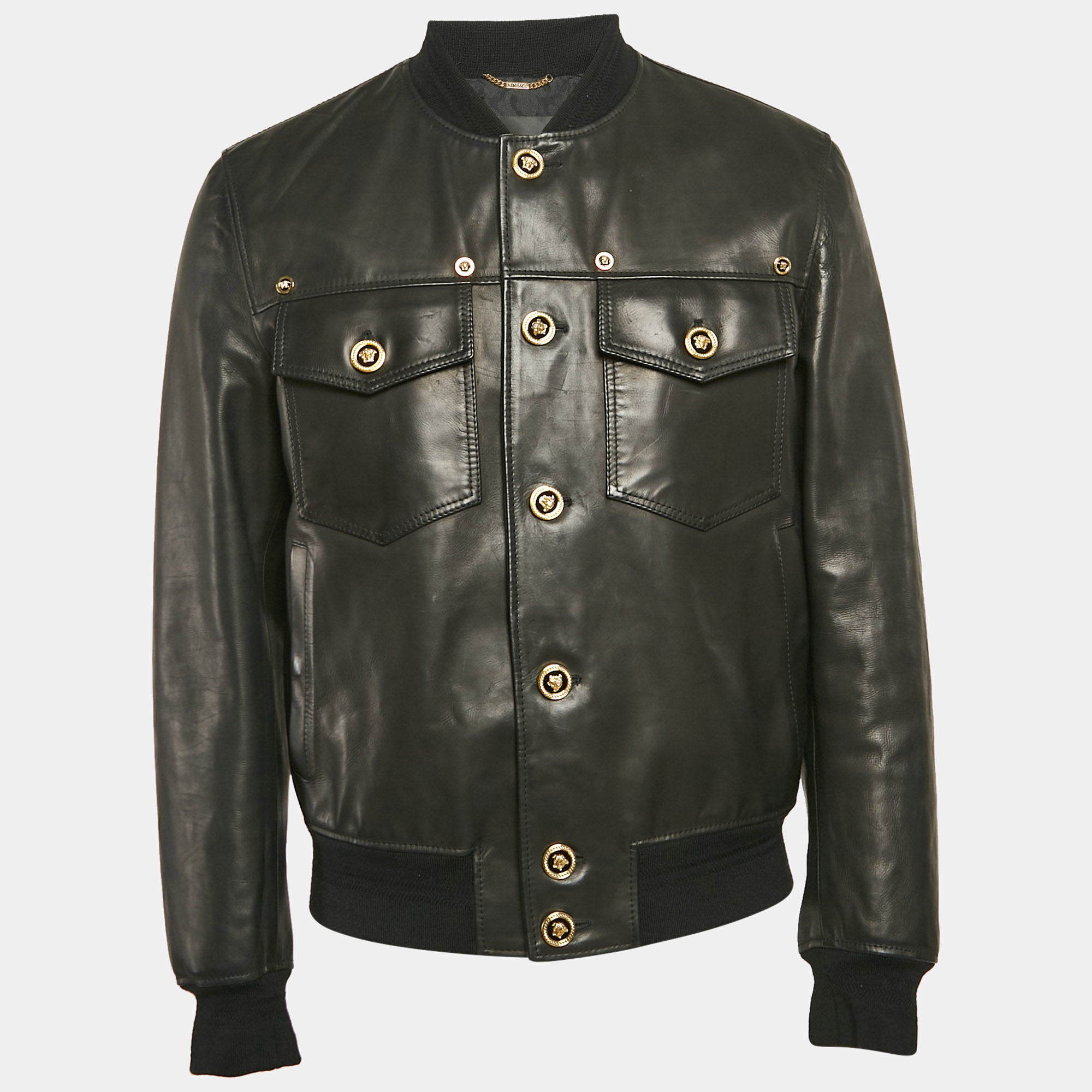 

Versace Black Leather Button Detail Bomber Jacket M