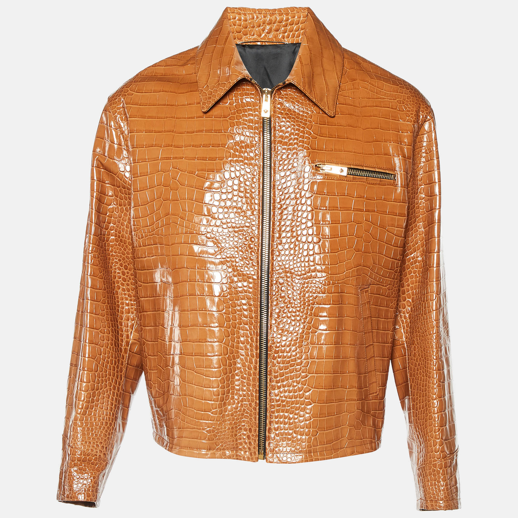 

Versace Brown Crocodile Embossed Leather Jacket M