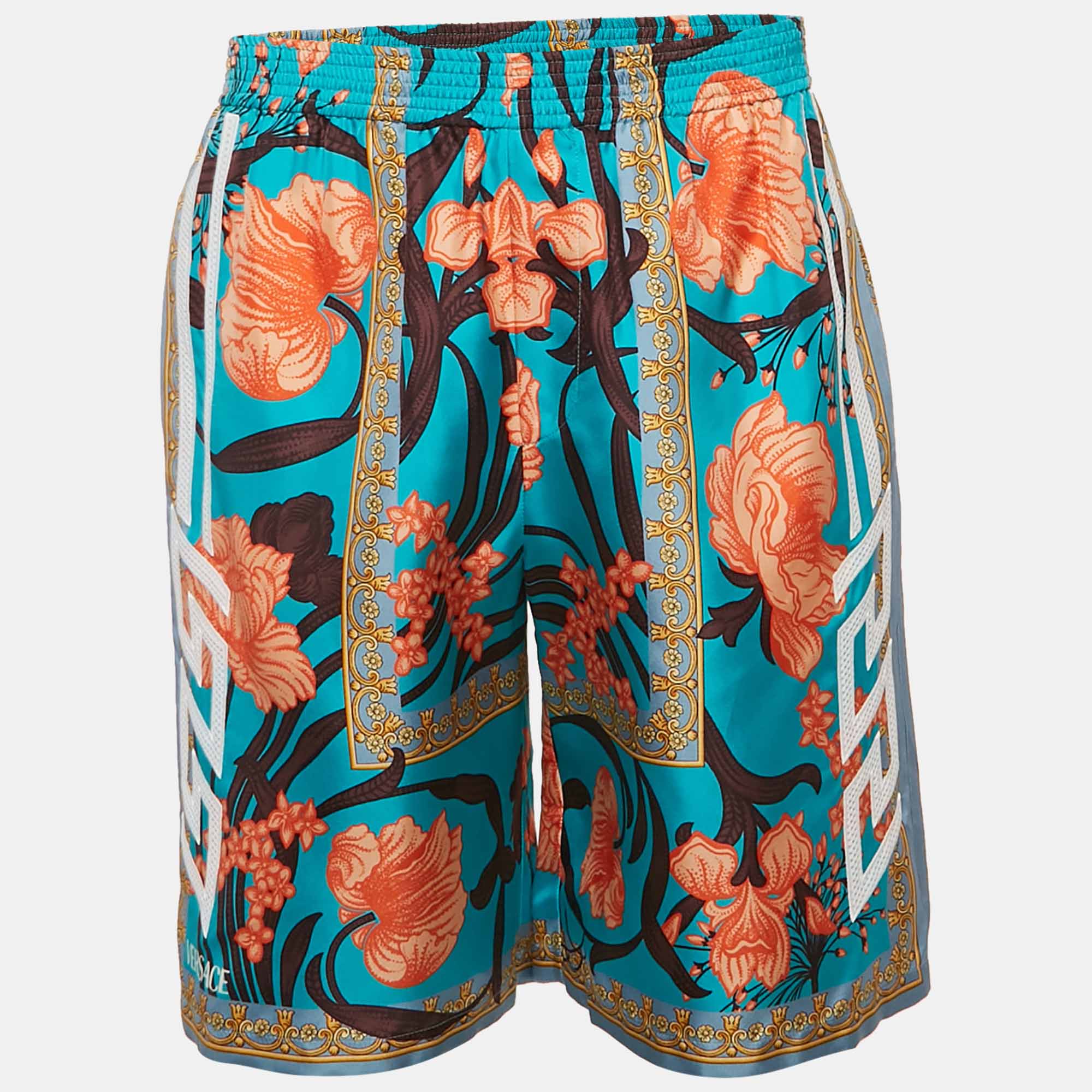 

Versace Blue Acid Bouquet Print Silk Shorts XS