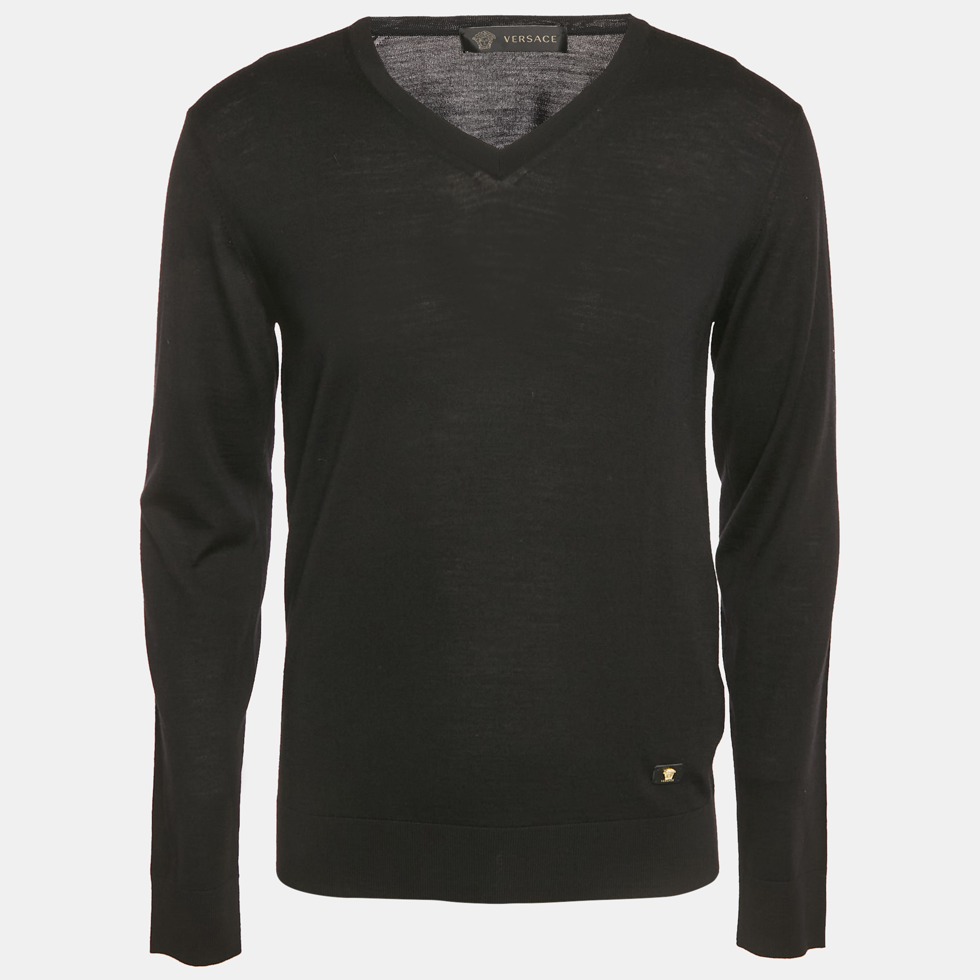

Versace Black Medusa Applique Wool Knit V-Neck Sweater M