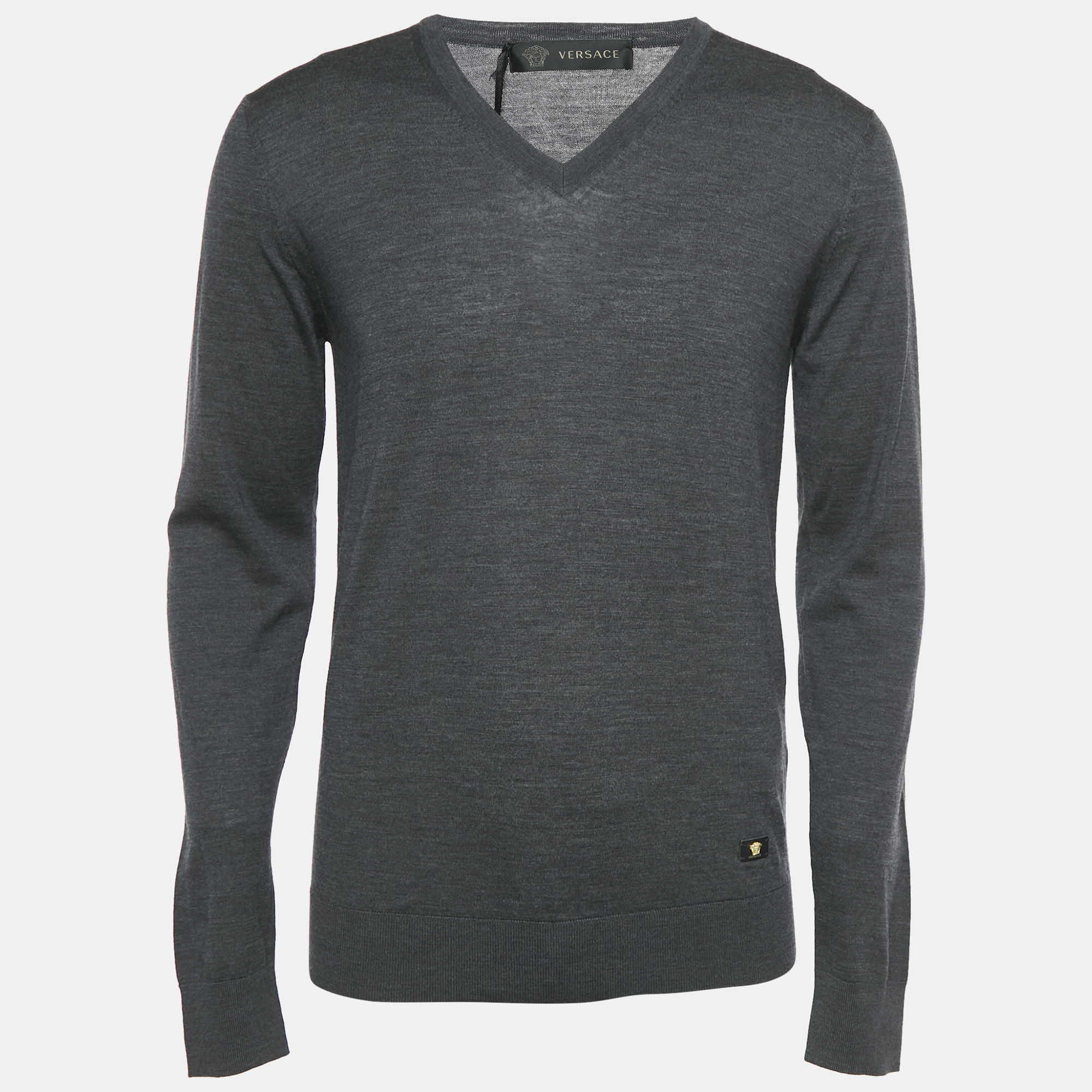 

Versace Grey Medusa Applique Wool Knit V-Neck Sweater M