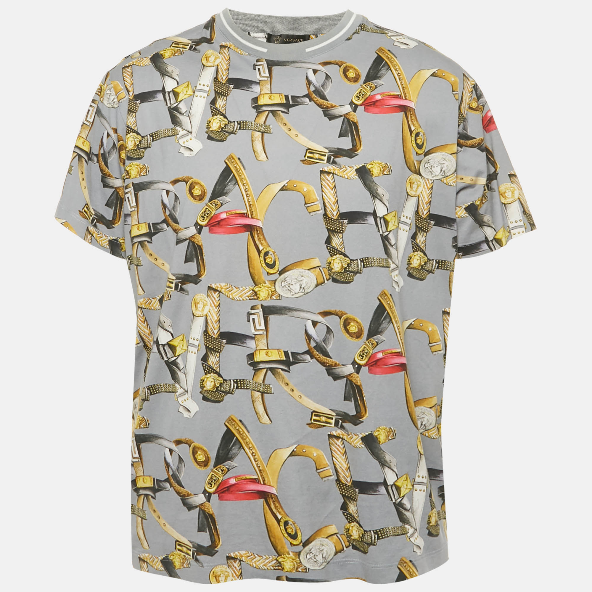 

Versace Grey Allover Logo Print Cotton Knit T-Shirt L