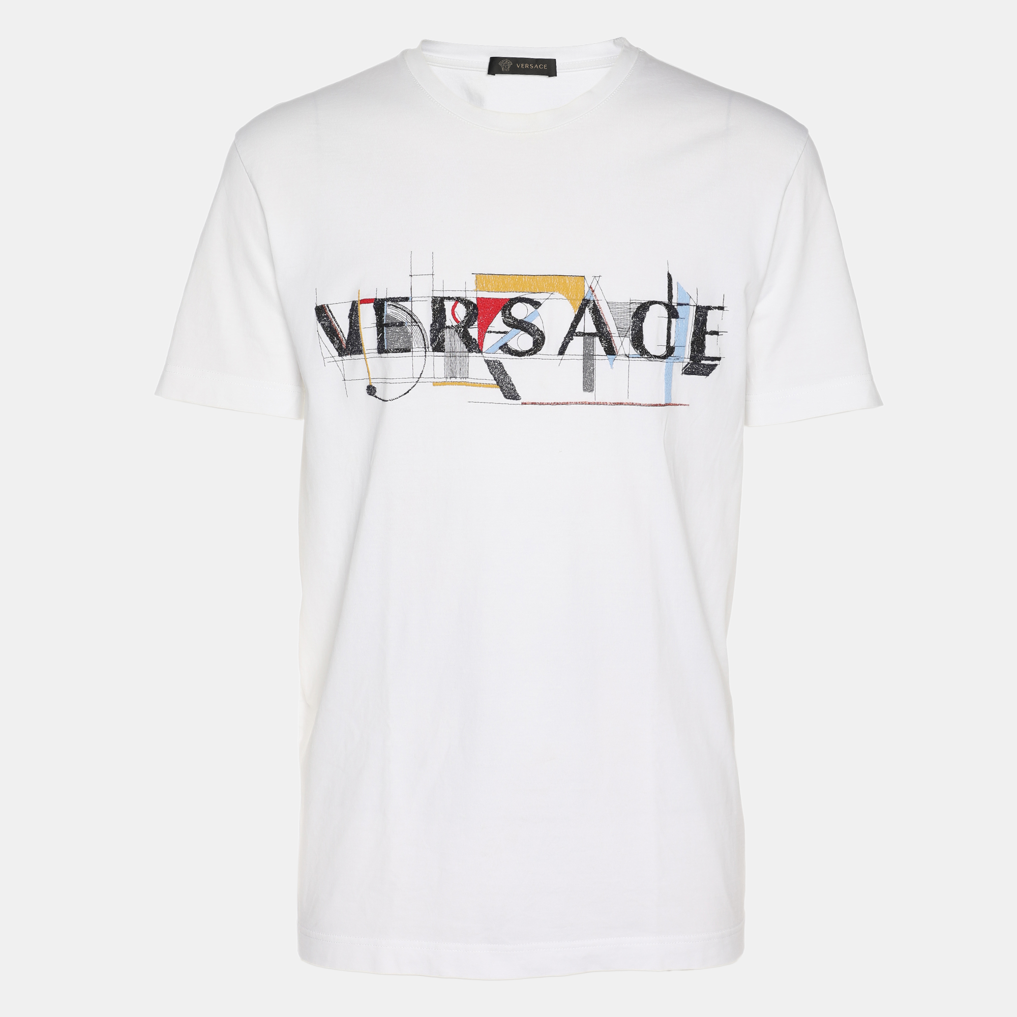 Versace White Logo Embroidered Jersey T-Shirt L