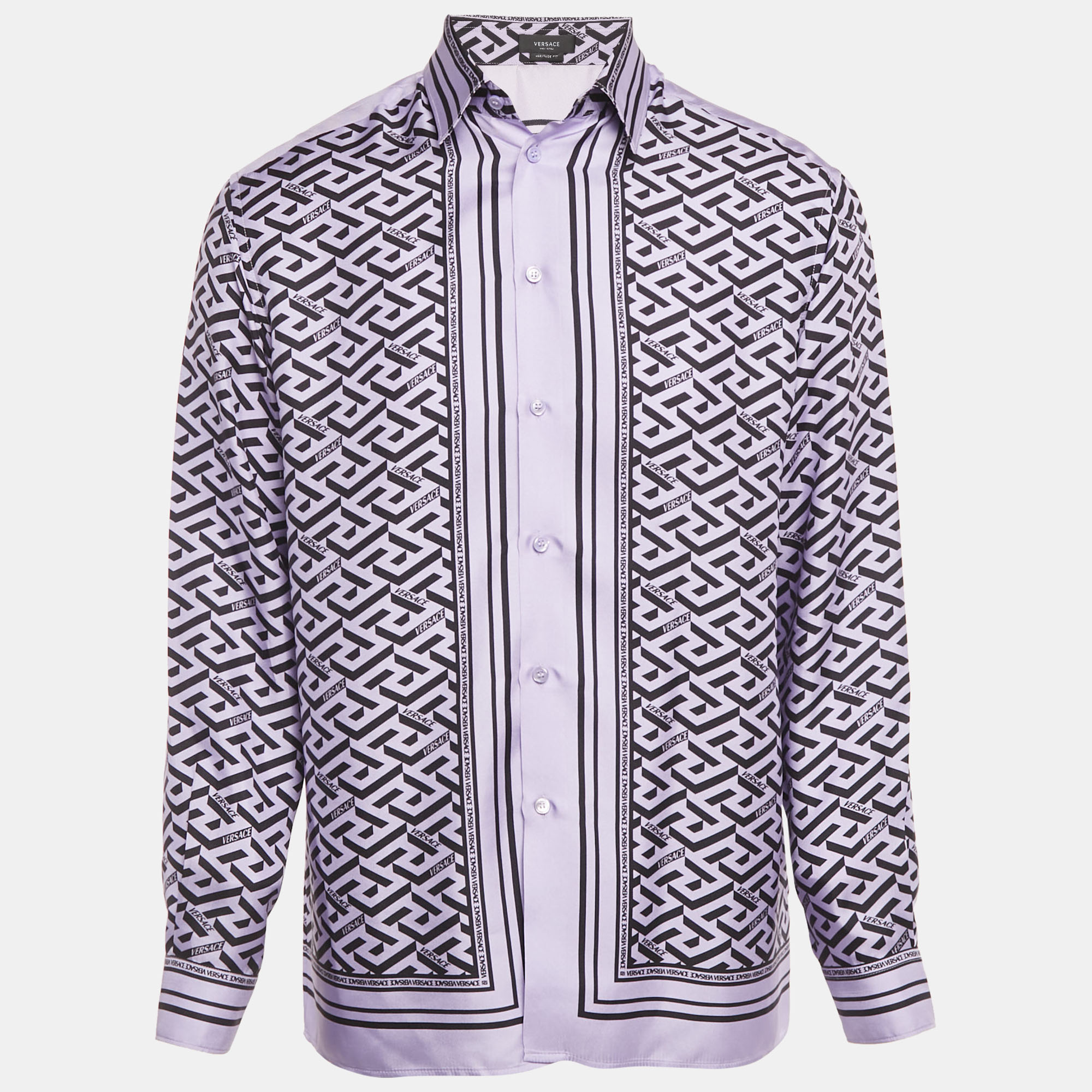 Versace Purple Logo Print Silk Heritage Fit Shirt M