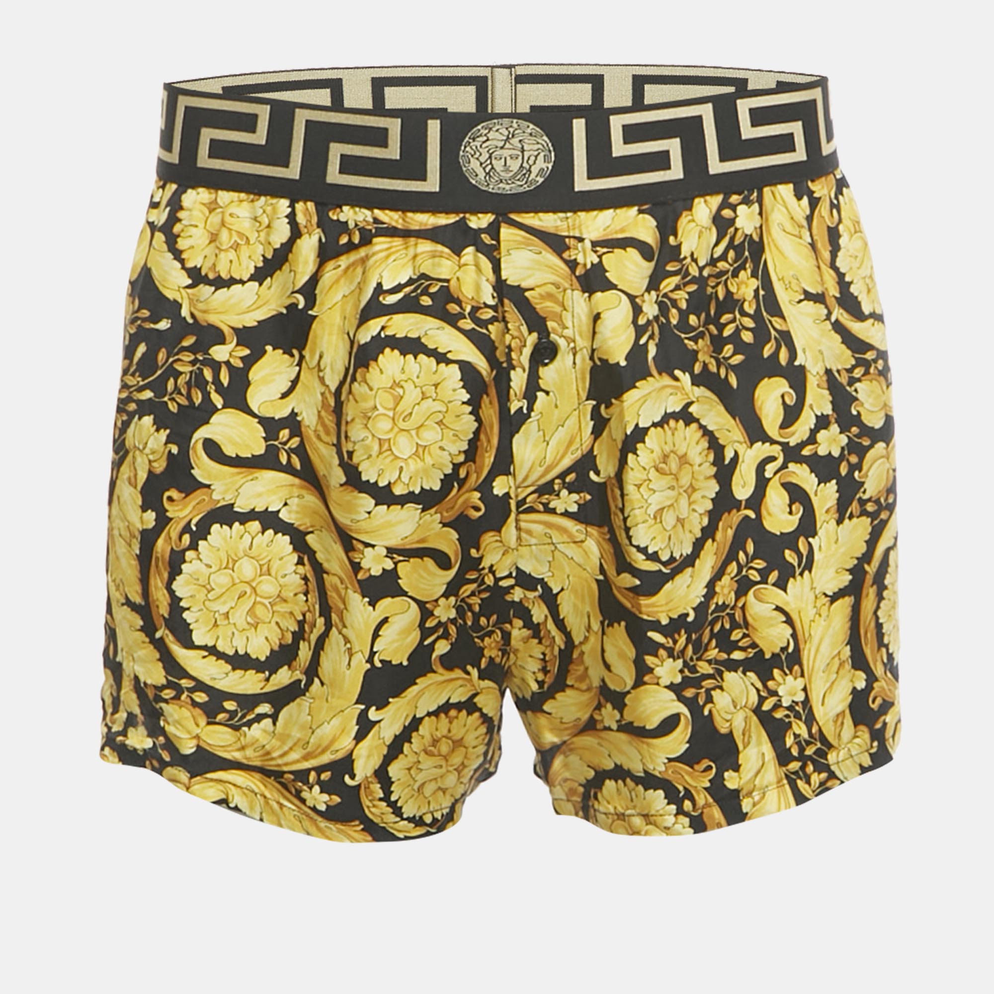 

Versace Black/Yellow Barocco Print Silk Greca Waistband Shorts M