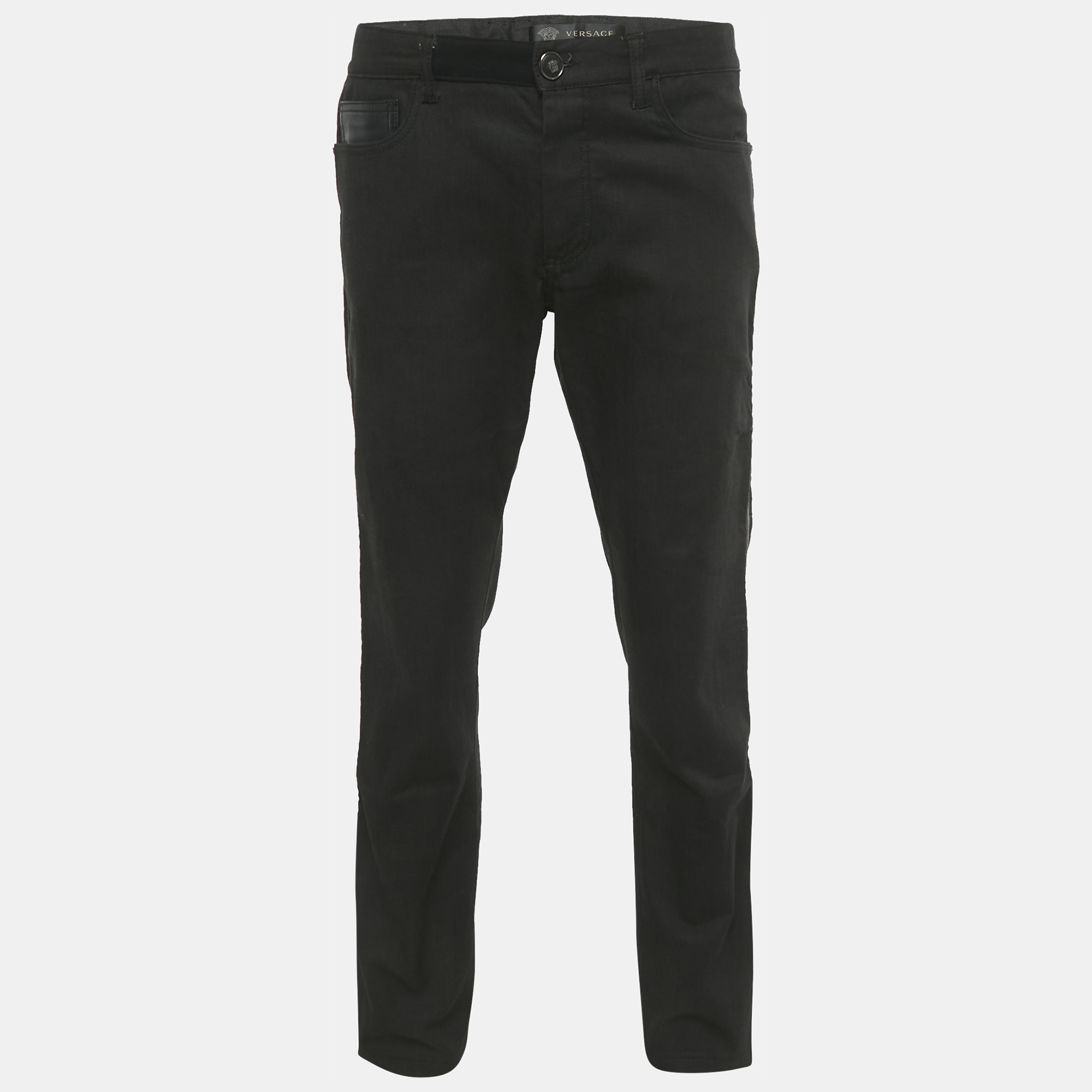 

Versace Black Leather Trim Denim Jeans XL/Waist 36"