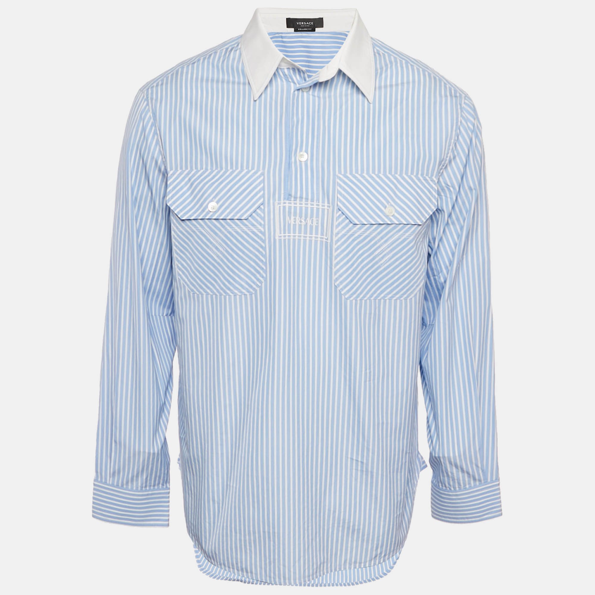 

Versace Blue & White Striped Cotton College Fit Shirt S