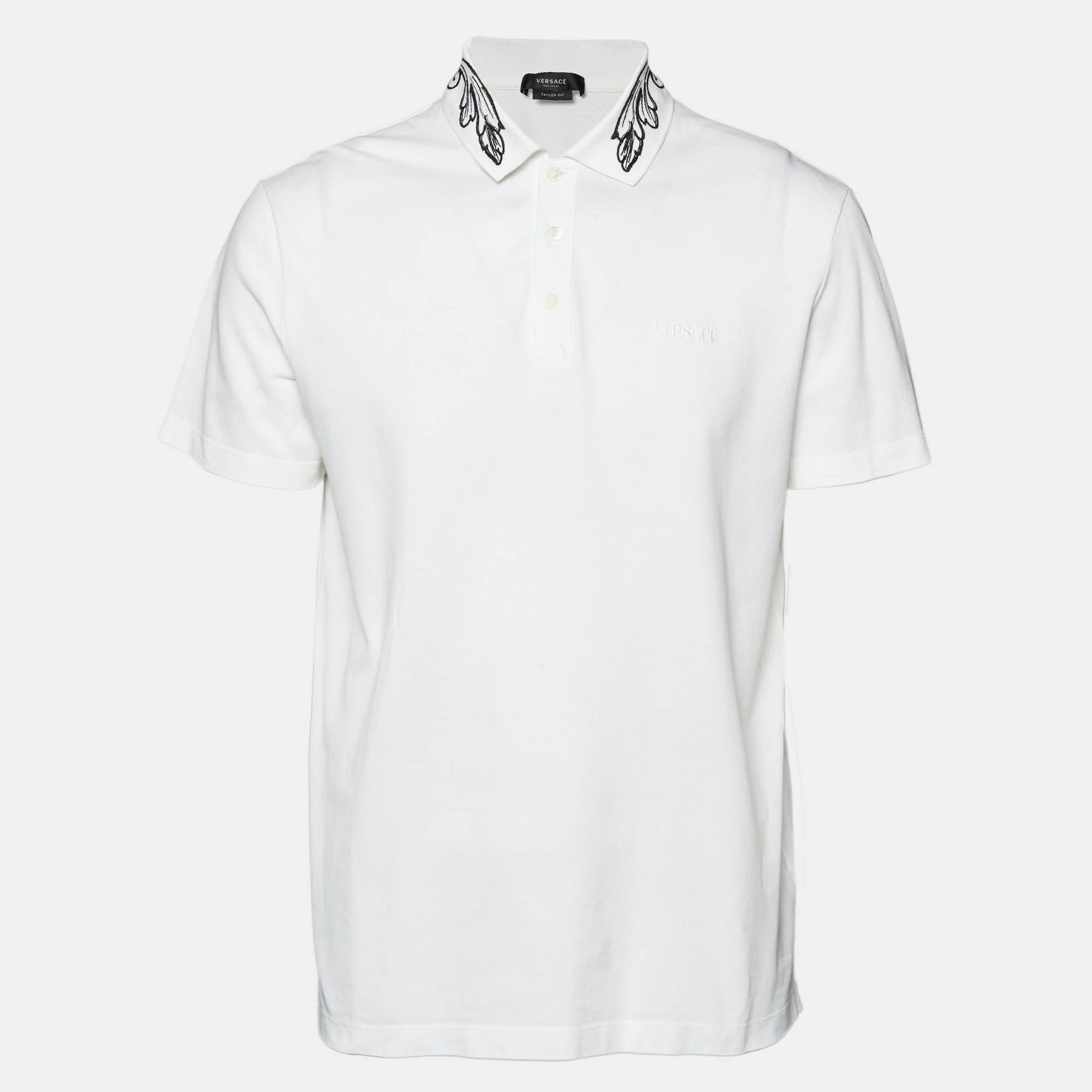 Pre-owned Versace White Floral Embroidered Collar Pique Polo T-shirt Xxl