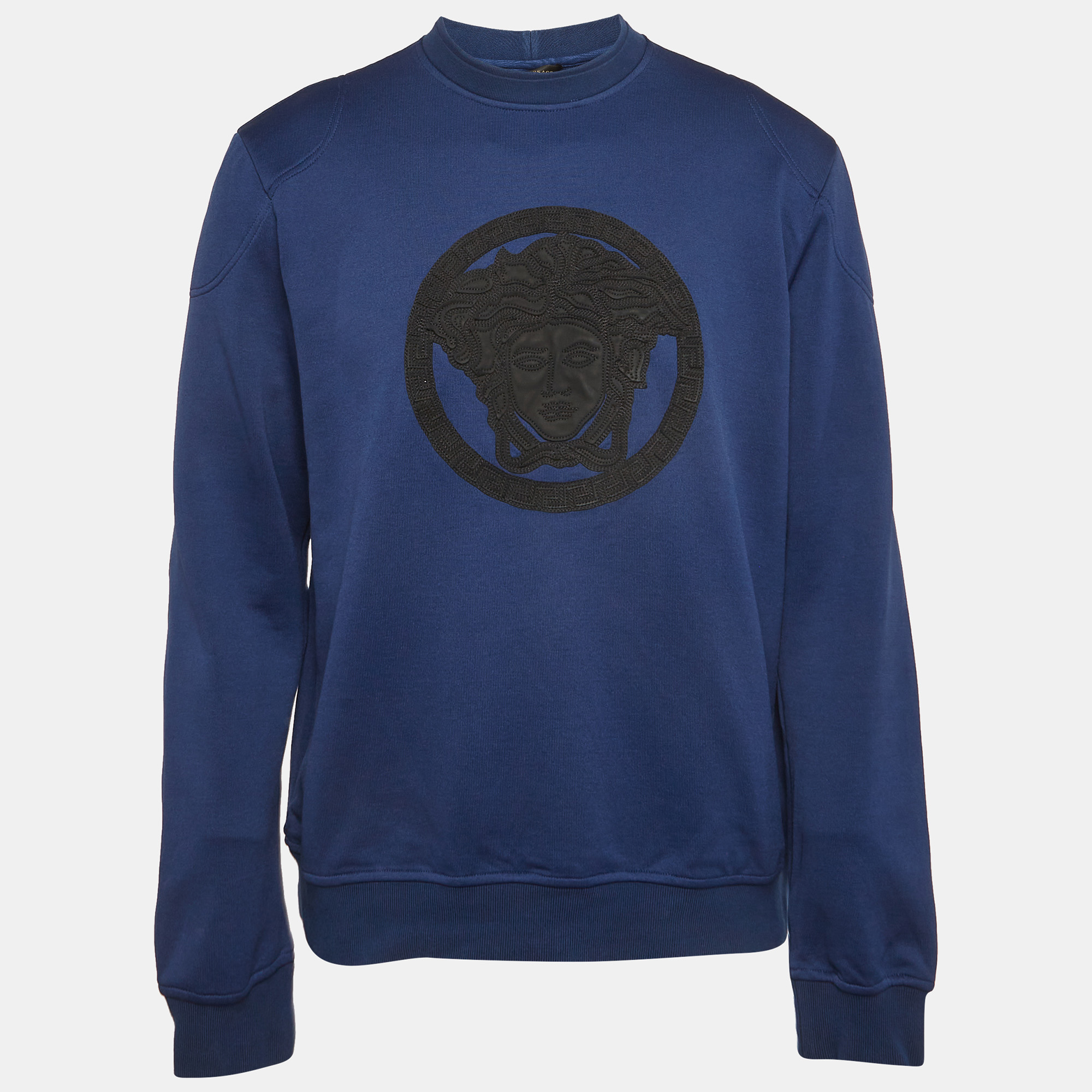 

Versace Blue Medusa Leather Trim Knit Crewneck Sweatshirt XL