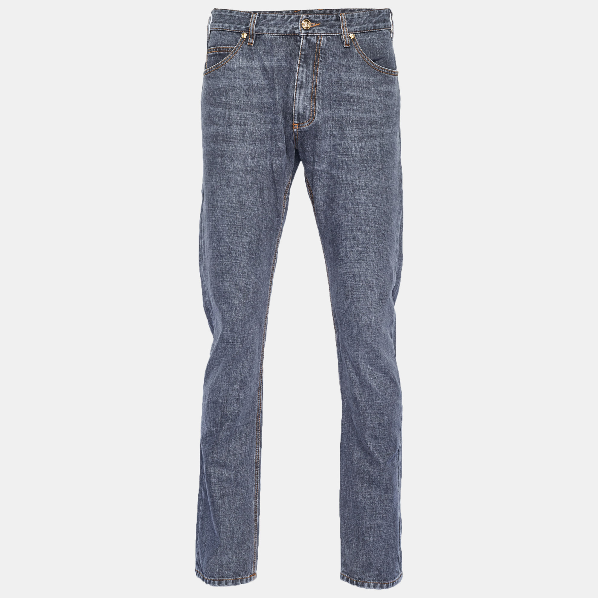 

Versace Grey Leather Medusa Trim Denim Jeans XL/Waist 36"
