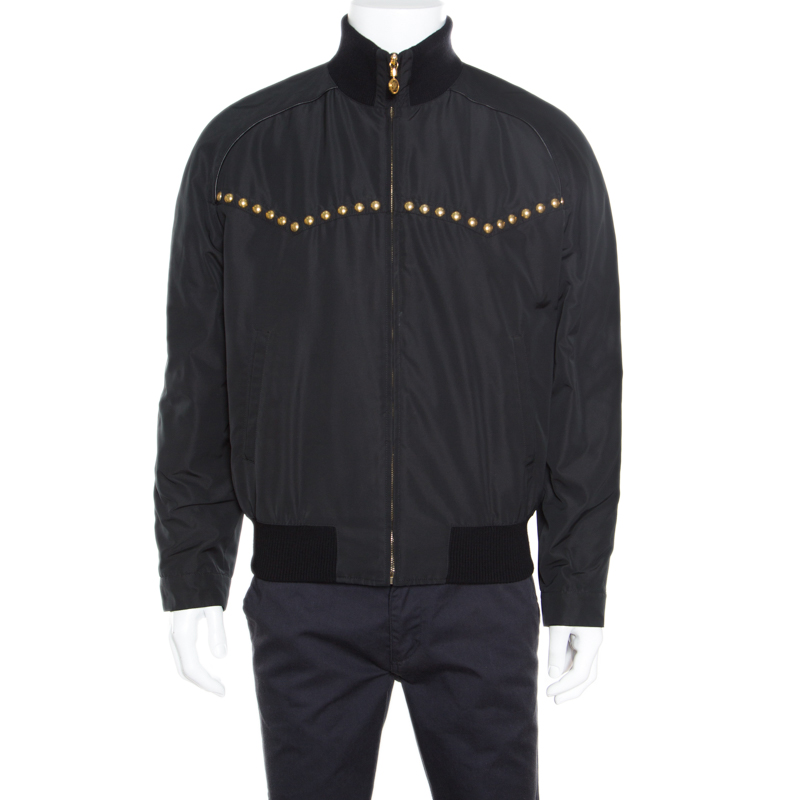  Versace Black Studded Zip Front Bomber Jacket L