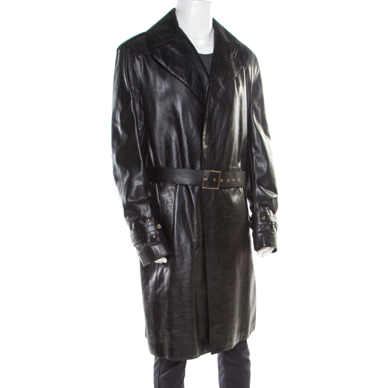 

Versace Signature Black Leather Belted Overcoat