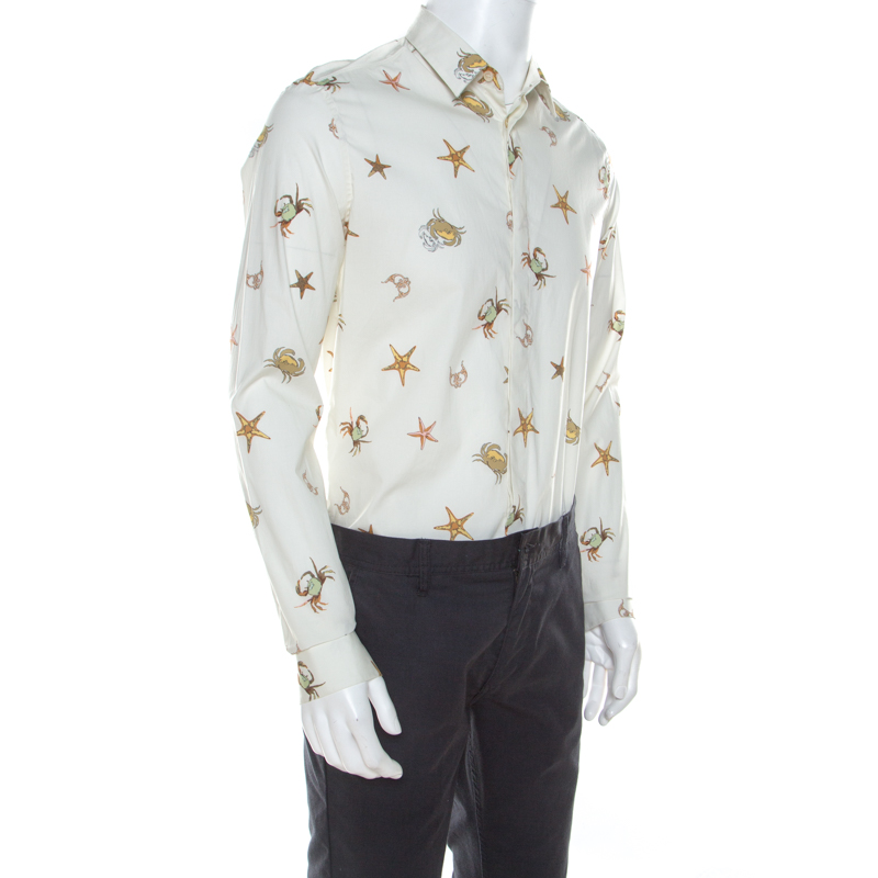 

Versace Collection Trend Off White Sea Creatures Print Cotton Button Front Shirt