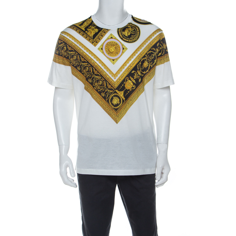 Pre Owned Versace White Cotton Baroque Print T-Shirt M