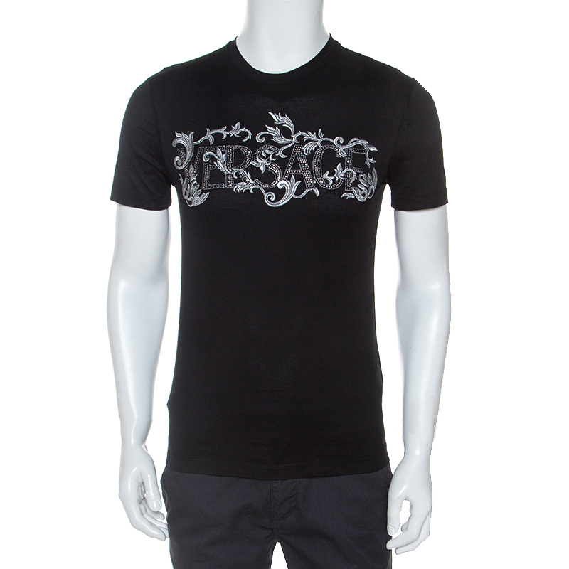 Pre Owned Versace Black Cotton Logo Embroidered And Embellished T-Shirt XS
